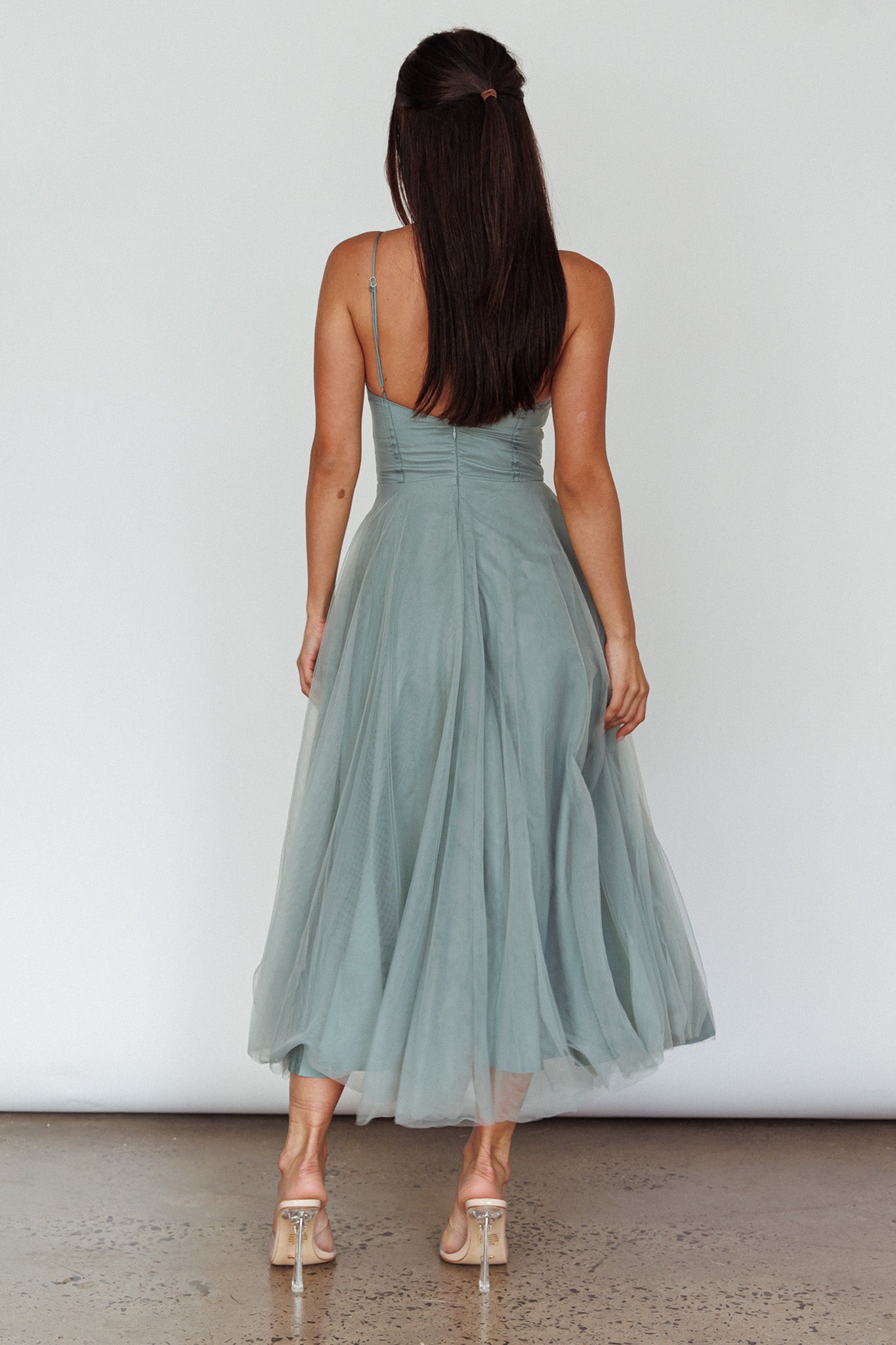 Smitten Lace Insert Tulle Midi Dress Sage by Selfie Leslie Australia