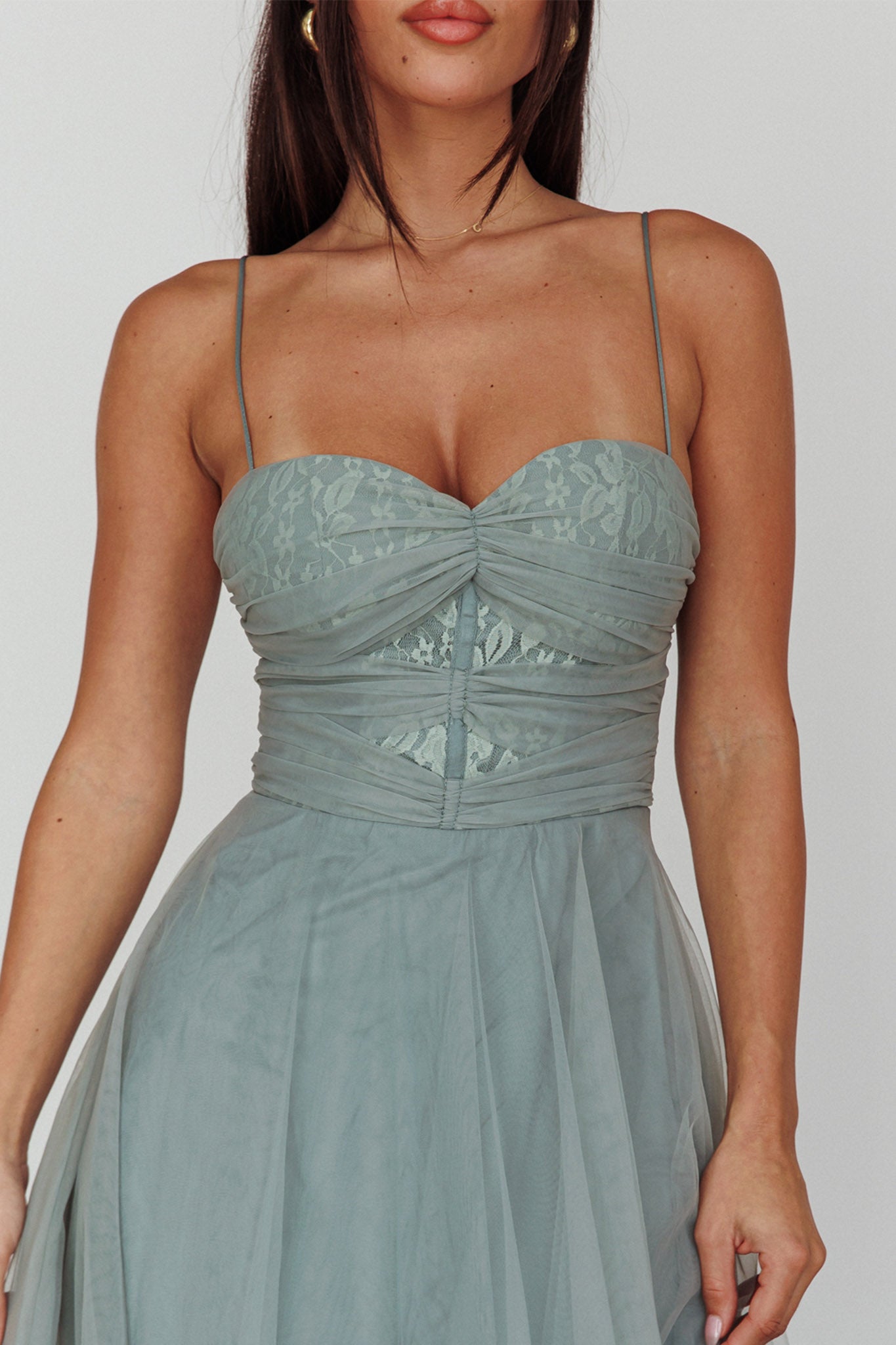Smitten Lace Insert Tulle Midi Dress Sage by Selfie Leslie Australia