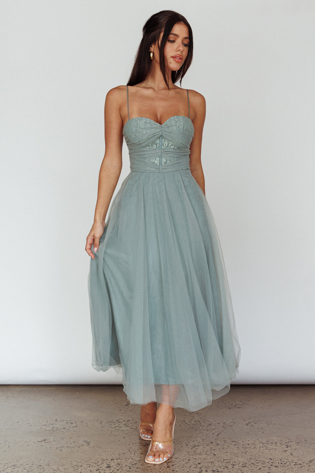 Smitten Lace Insert Tulle Midi Dress Sage by Selfie Leslie Australia