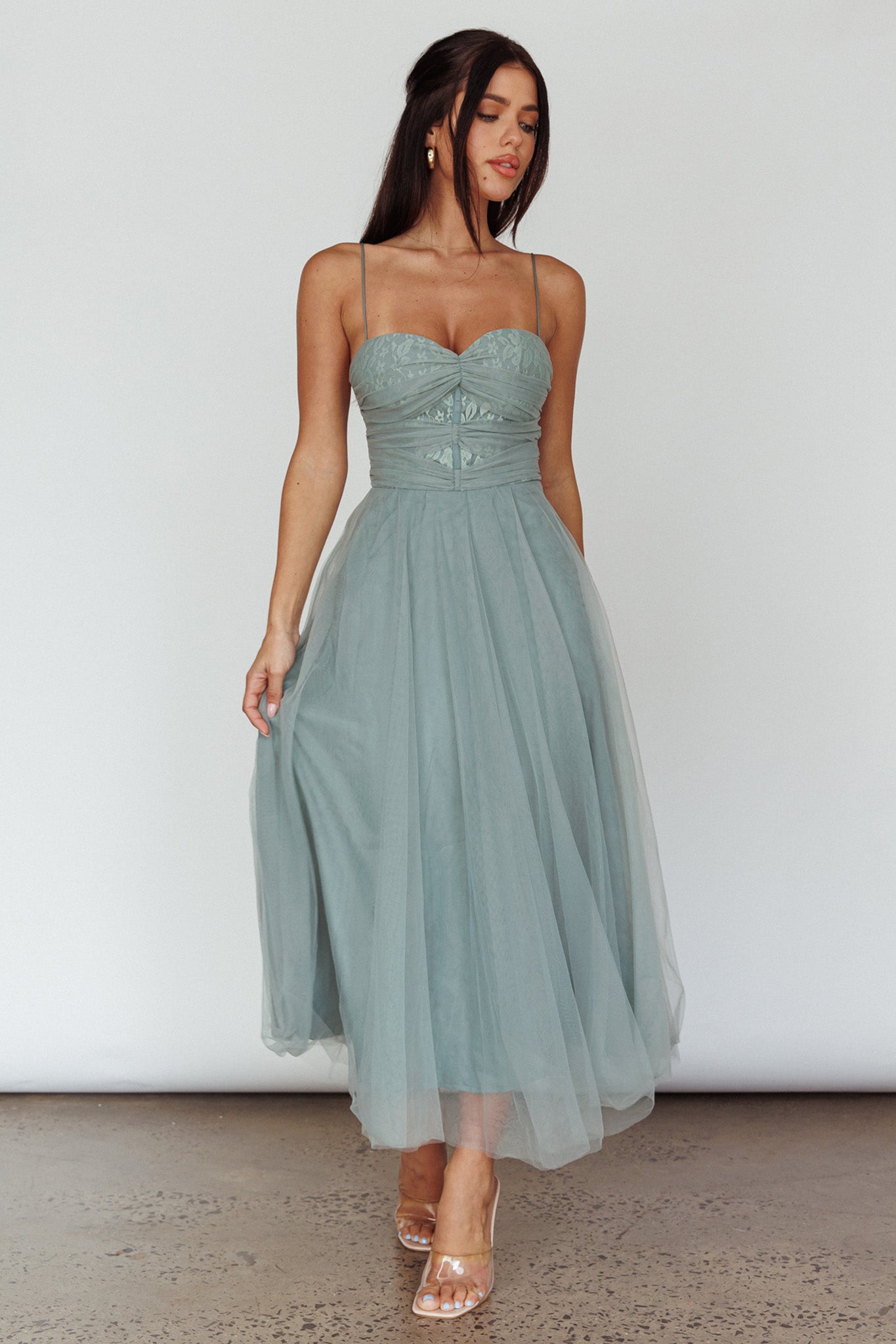Smitten Lace Insert Tulle Midi Dress Sage by Selfie Leslie Australia