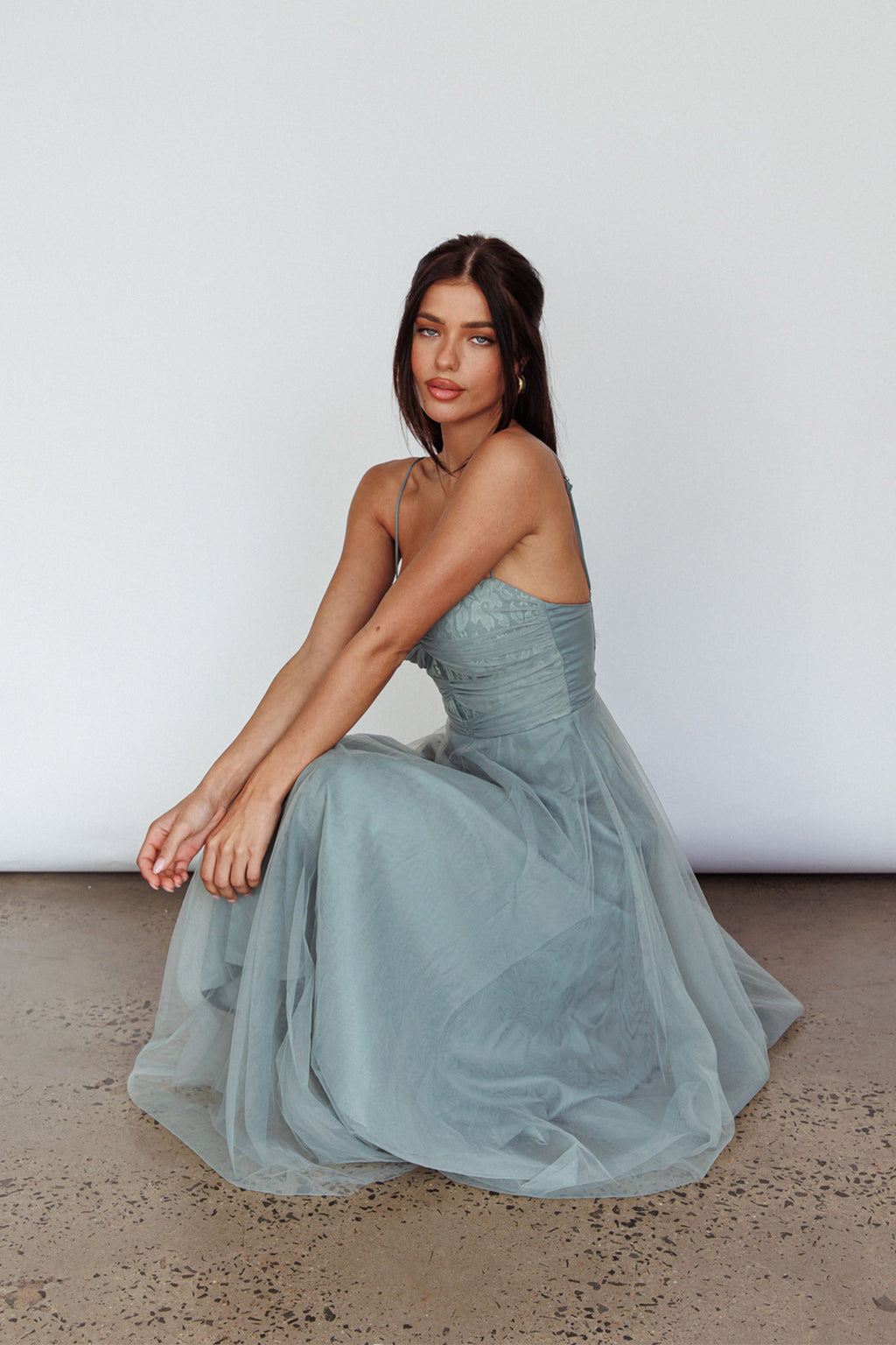 Smitten Lace Insert Tulle Midi Dress Sage by Selfie Leslie Australia