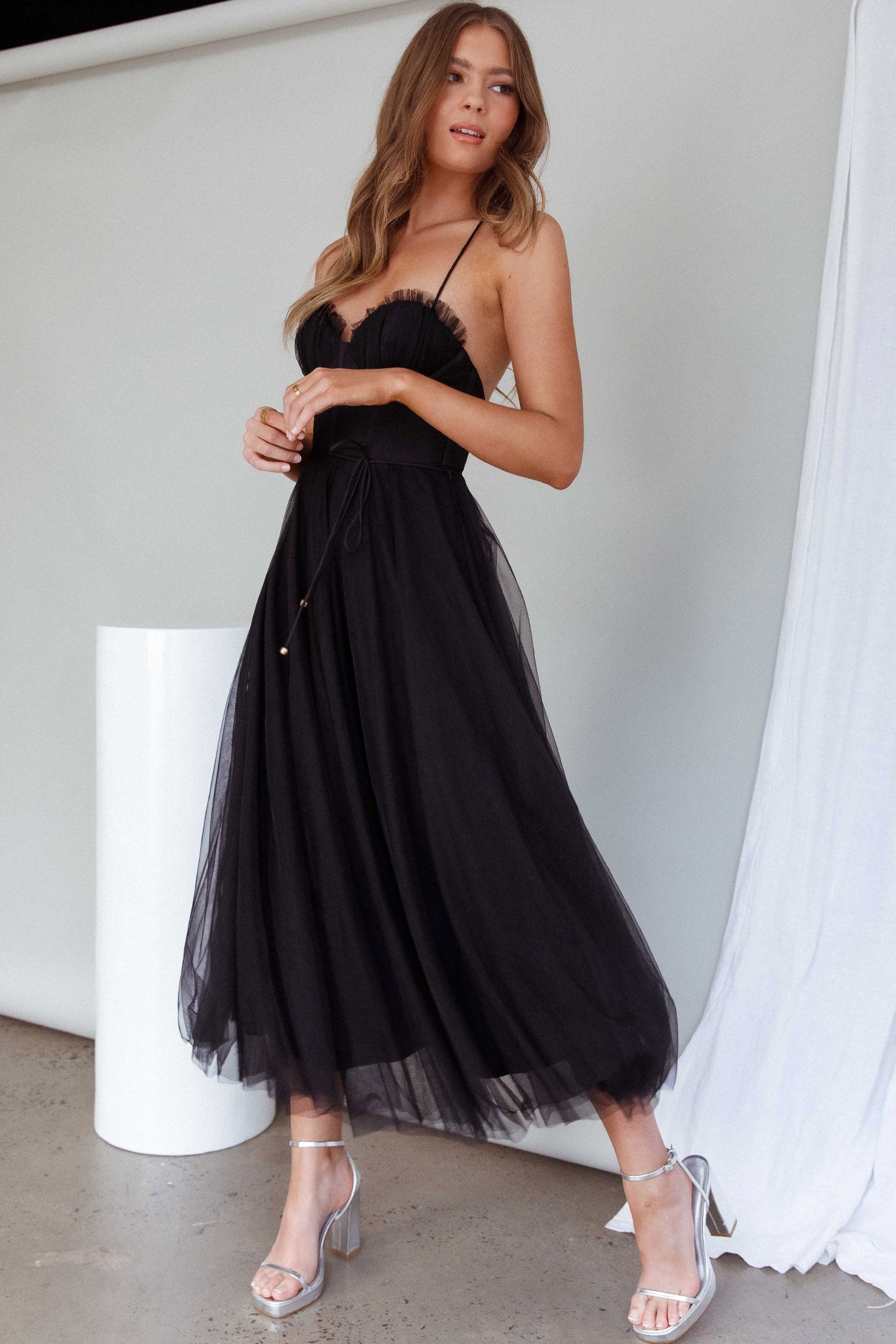 Smitten Sweetheart Neckline Chiffon Midi Dress Black by Selfie Leslie Australia