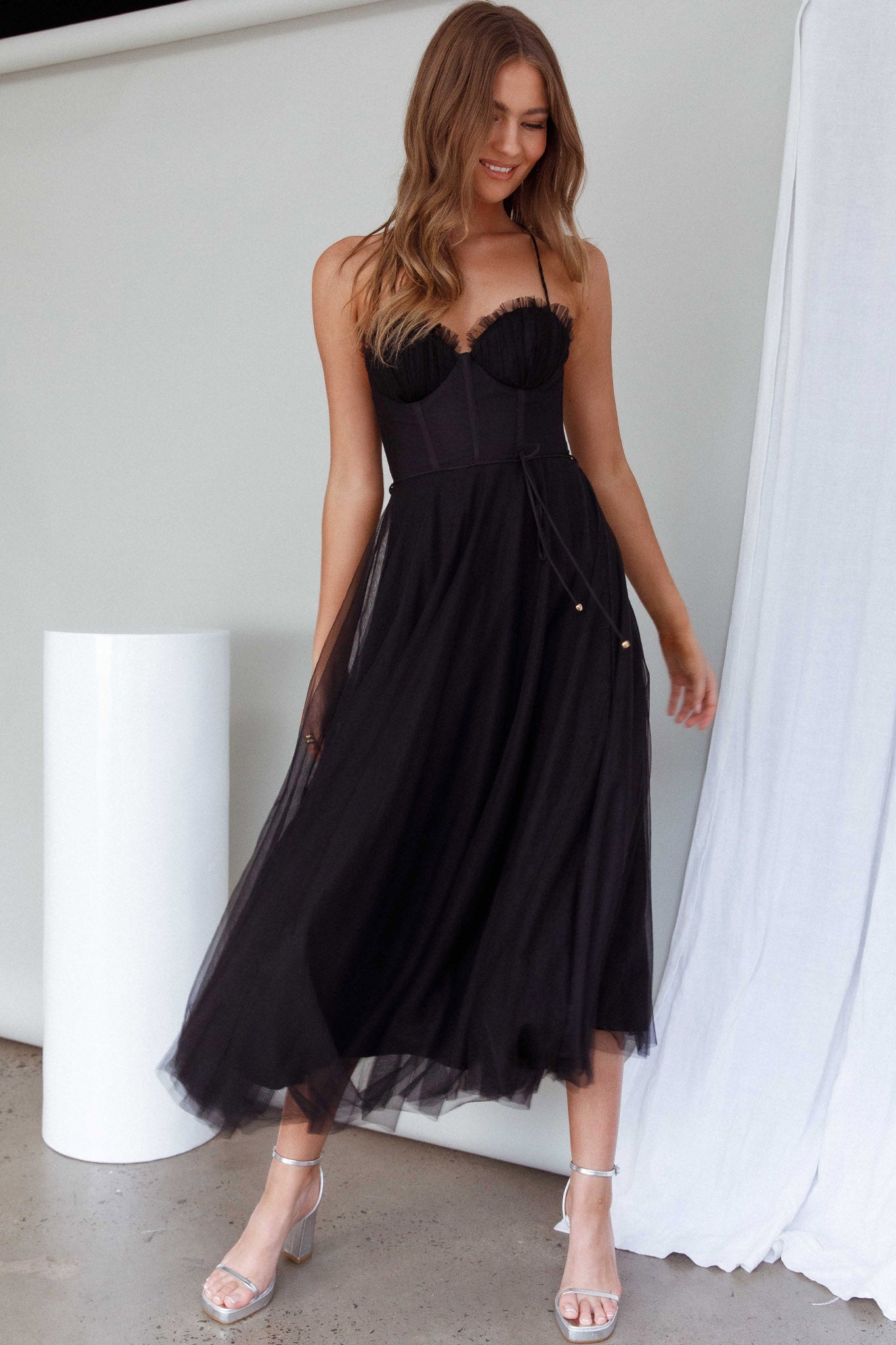 Smitten Sweetheart Neckline Chiffon Midi Dress Black by Selfie Leslie Australia