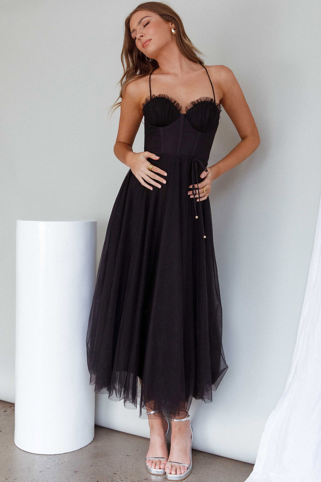 Smitten Sweetheart Neckline Chiffon Midi Dress Black by Selfie Leslie Australia