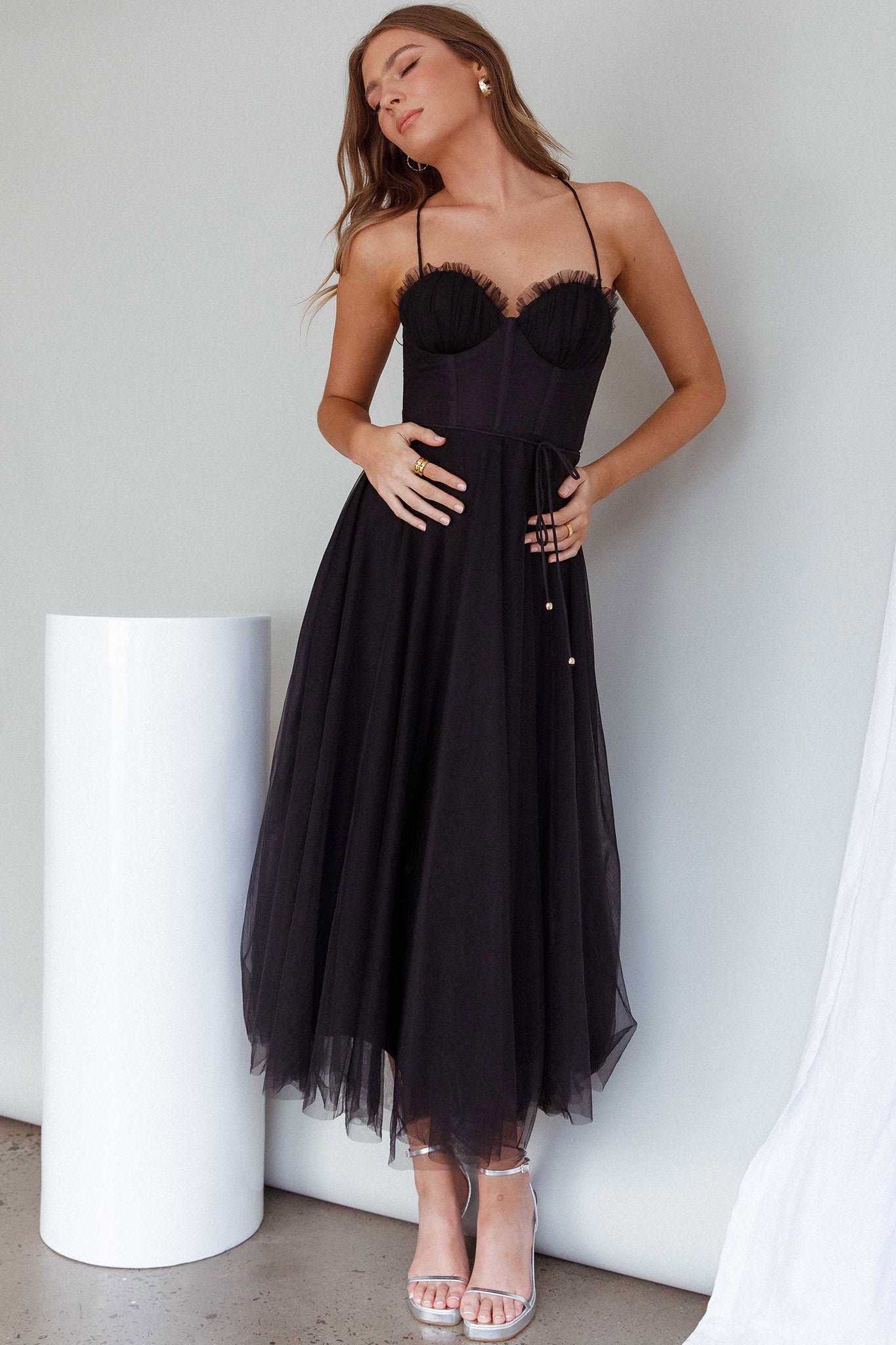 Smitten Sweetheart Neckline Chiffon Midi Dress Black by Selfie Leslie Australia