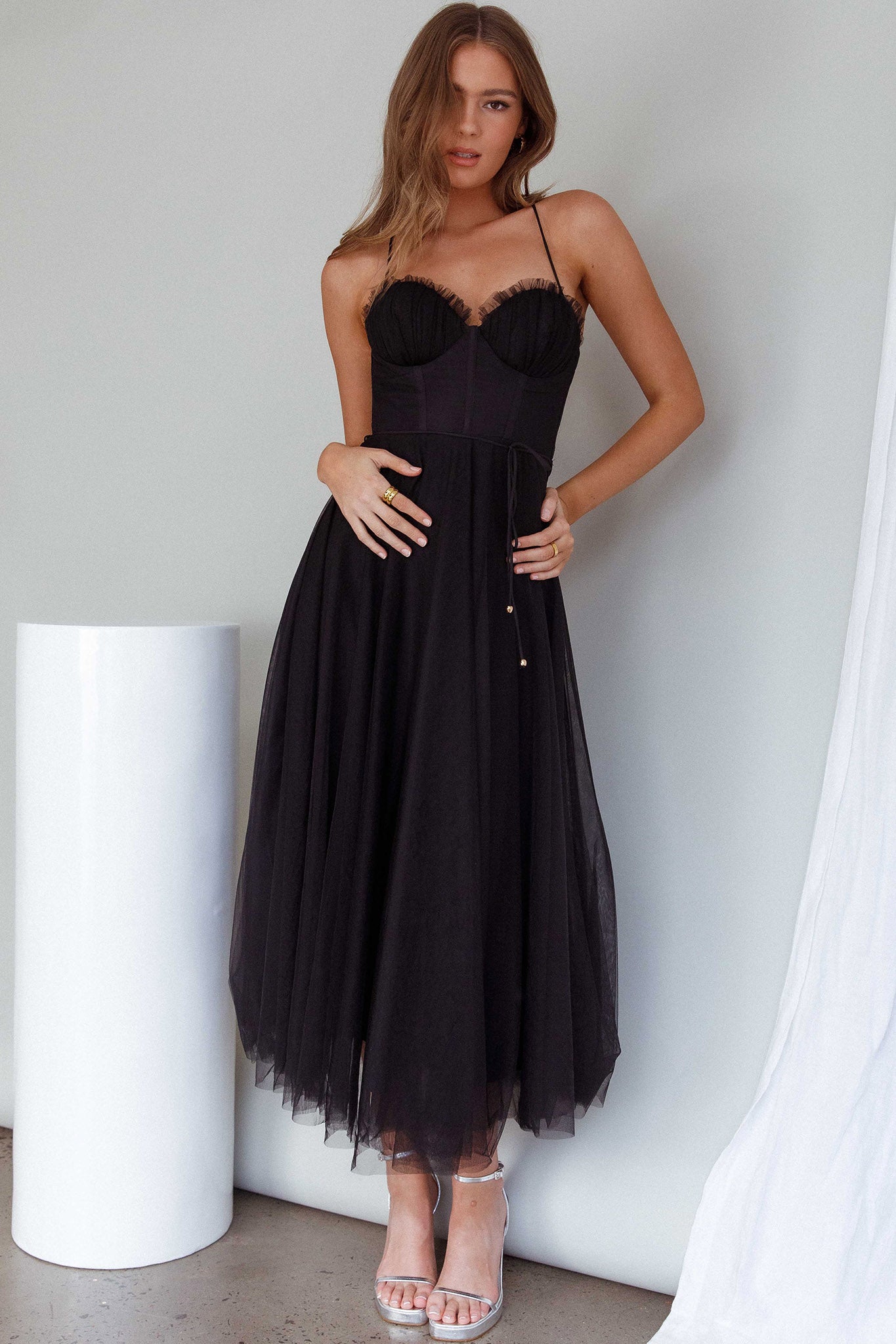 Smitten Sweetheart Neckline Chiffon Midi Dress Black by Selfie Leslie Australia