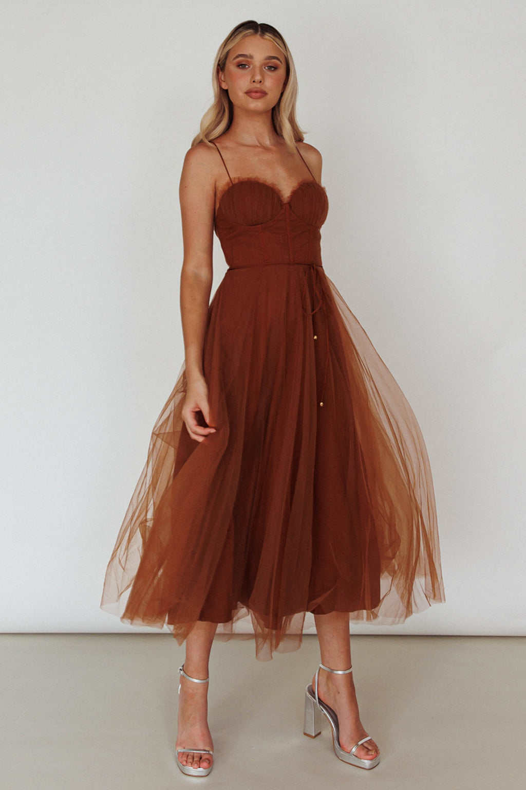 Smitten Sweetheart Neckline Chiffon Midi Dress Chocolate by Selfie Leslie Australia