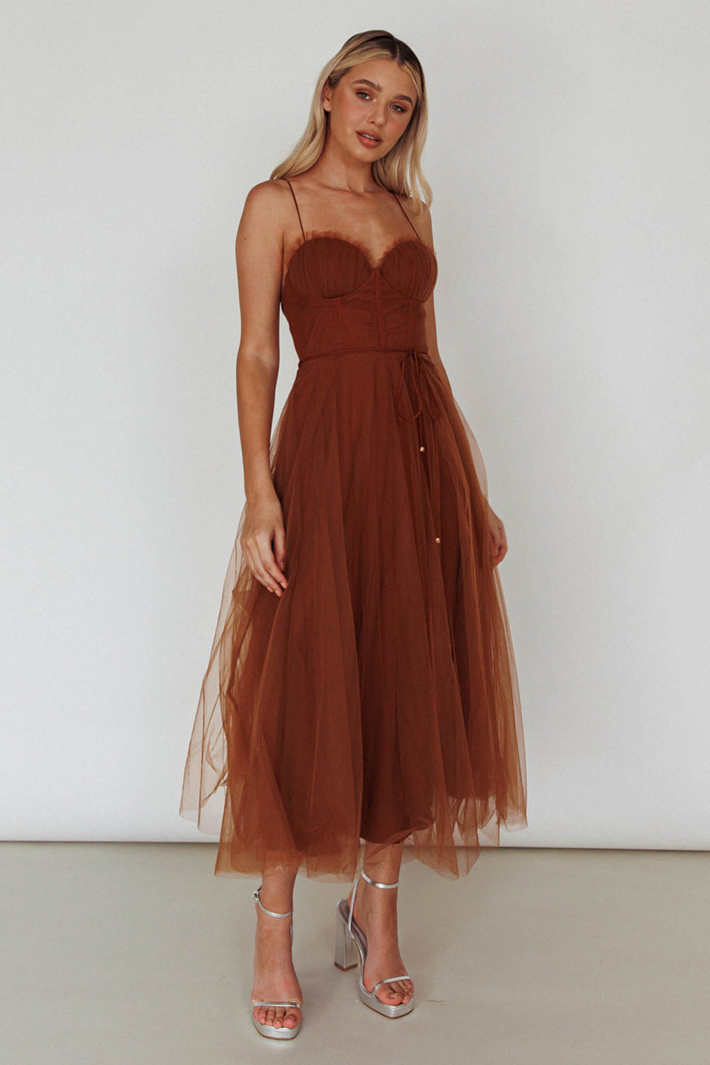 Smitten Sweetheart Neckline Chiffon Midi Dress Chocolate by Selfie Leslie Australia