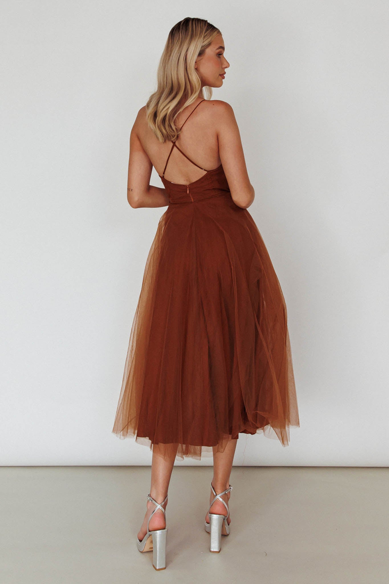 Smitten Sweetheart Neckline Chiffon Midi Dress Chocolate by Selfie Leslie Australia