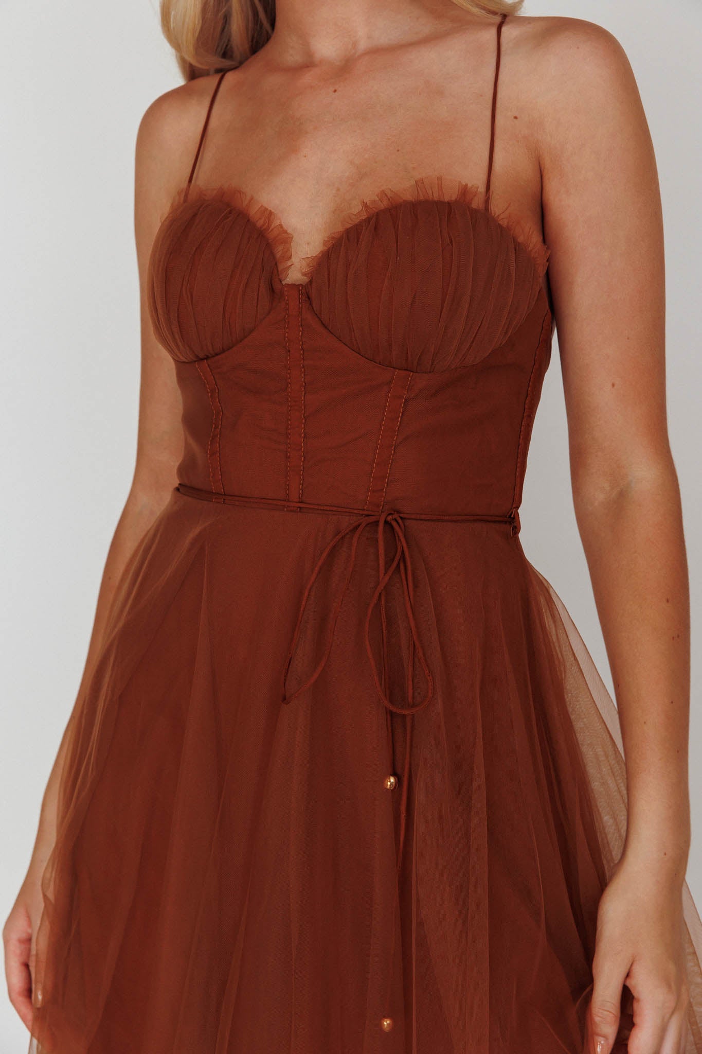 Smitten Sweetheart Neckline Chiffon Midi Dress Chocolate by Selfie Leslie Australia