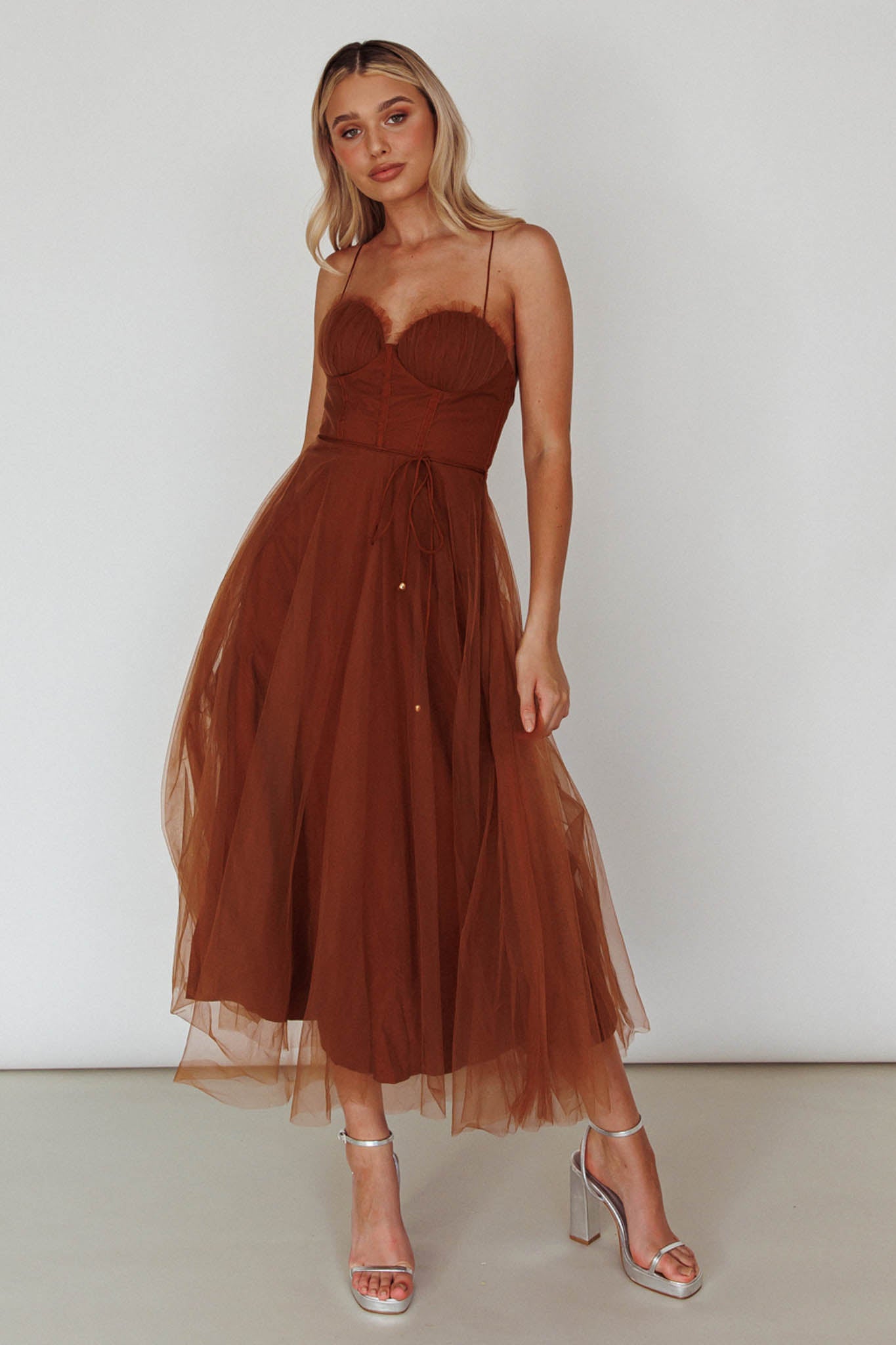 Smitten Sweetheart Neckline Chiffon Midi Dress Chocolate by Selfie Leslie Australia