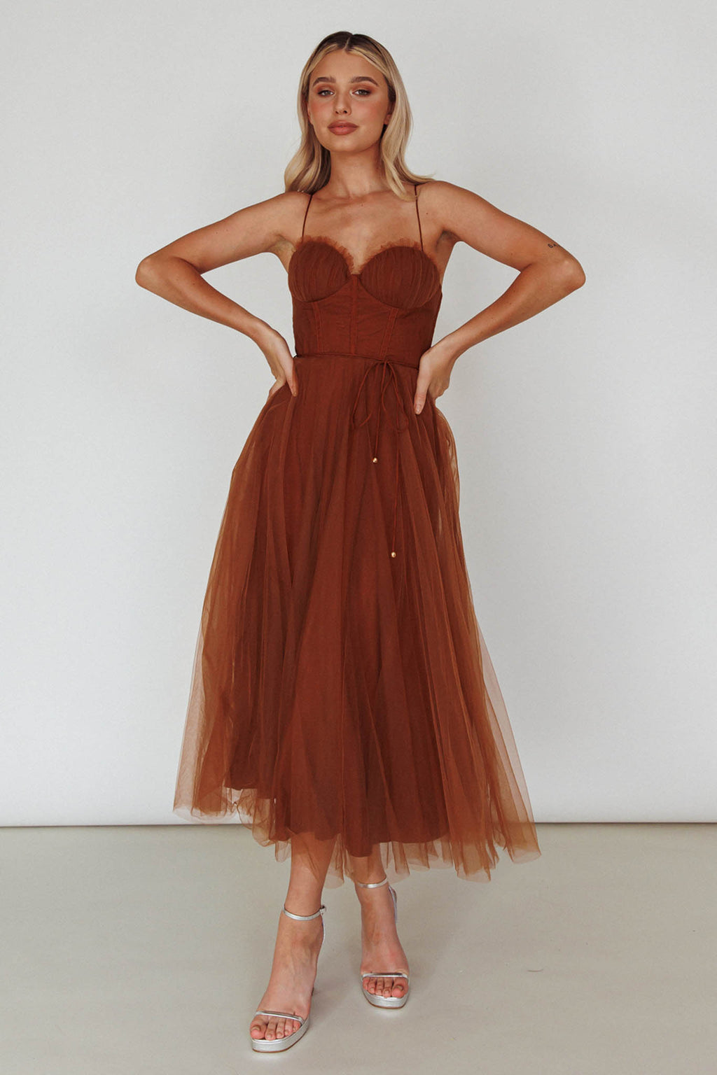 Smitten Sweetheart Neckline Chiffon Midi Dress Chocolate by Selfie Leslie Australia