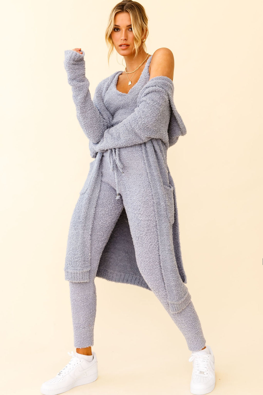 My Girl Fuzzy Knit Longline Pocket Cardigan Steel Blue by Selfie Leslie