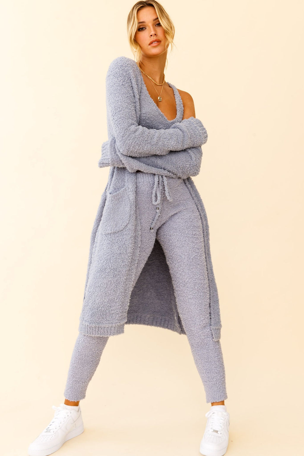 My Girl Fuzzy Knit Longline Pocket Cardigan Steel Blue by Selfie Leslie