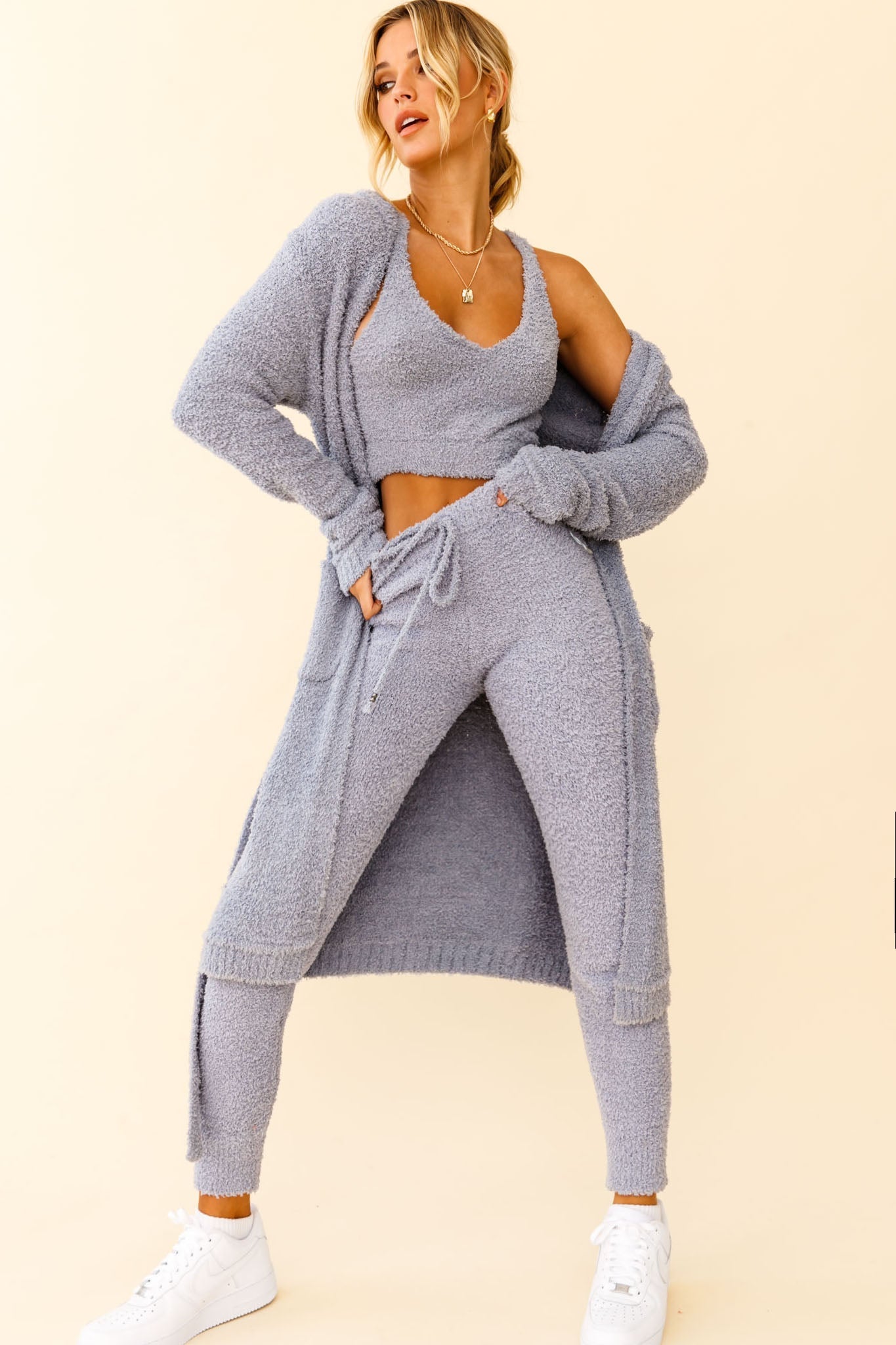 My Girl Fuzzy Knit Jogger Pants Steel Blue by Selfie Leslie