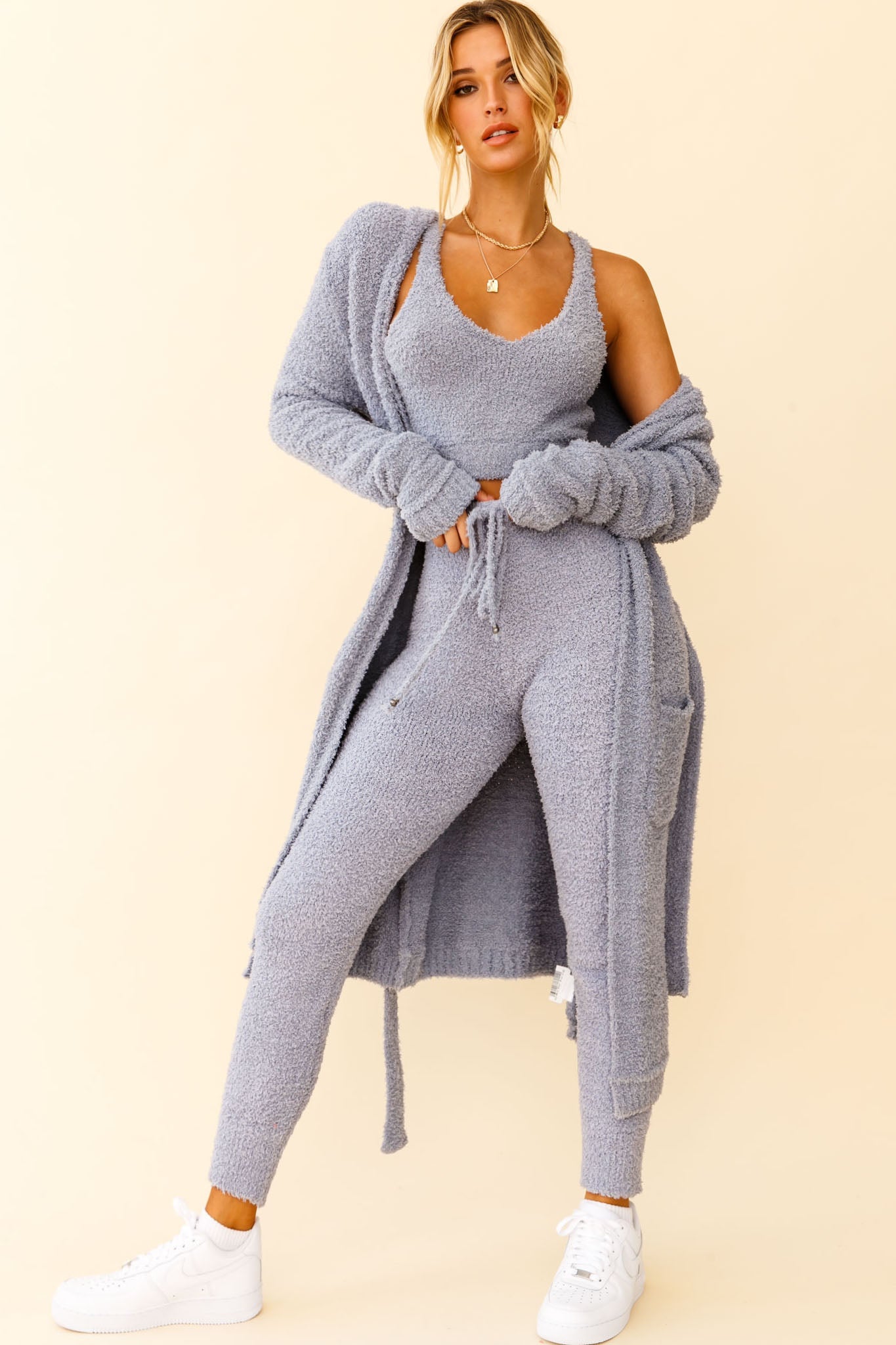 My Girl Fuzzy Knit Thick Strap Crop Top Steel Blue by Selfie Leslie