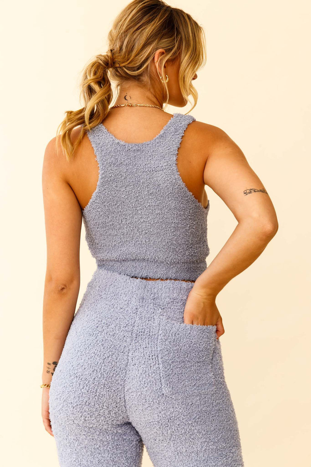 My Girl Fuzzy Knit Thick Strap Crop Top Steel Blue by Selfie Leslie