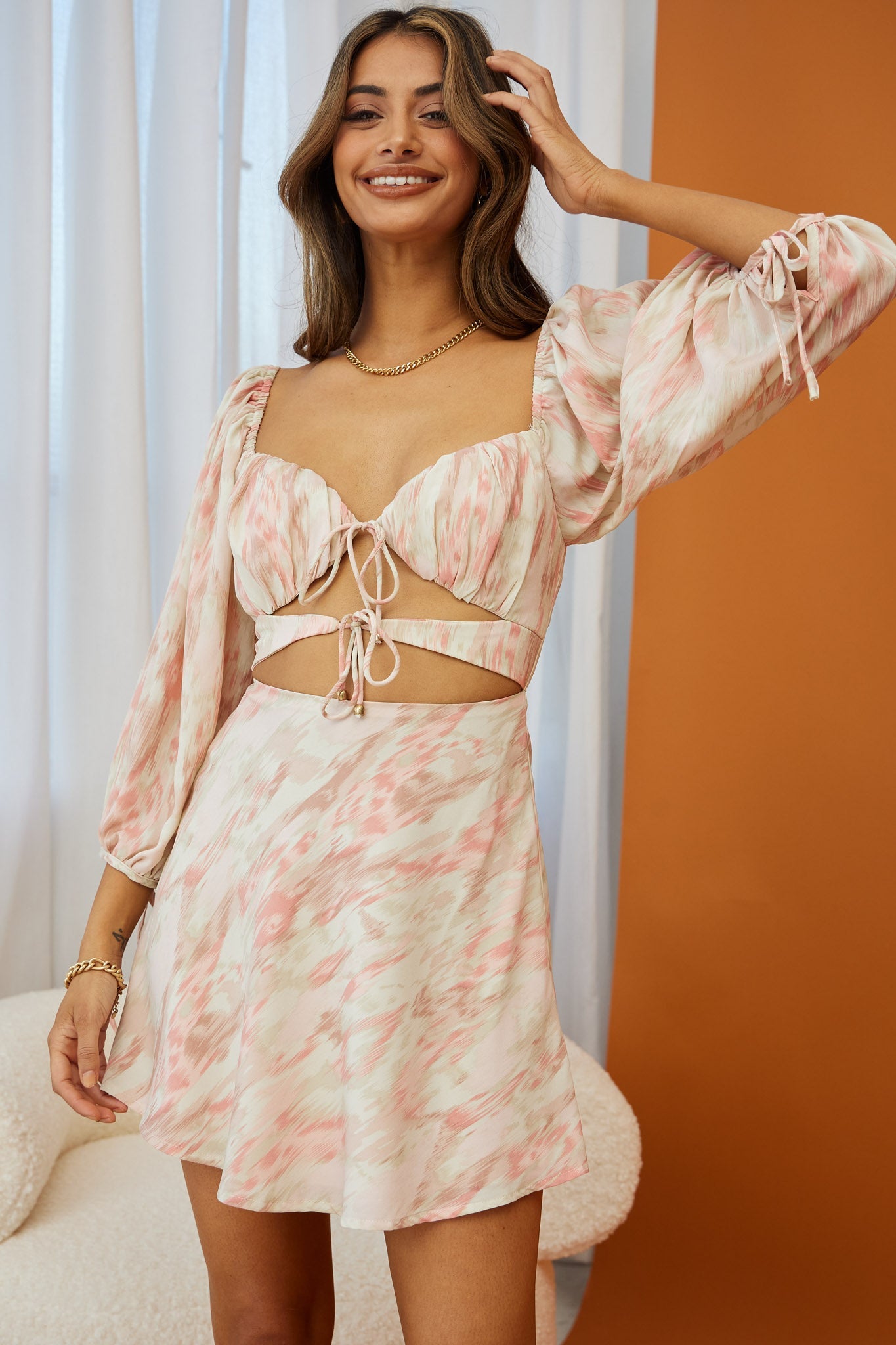 Madeleina Cut-Out Bodice Balloon Sleeve Dress Marble Print Pink by Selfie Leslie
