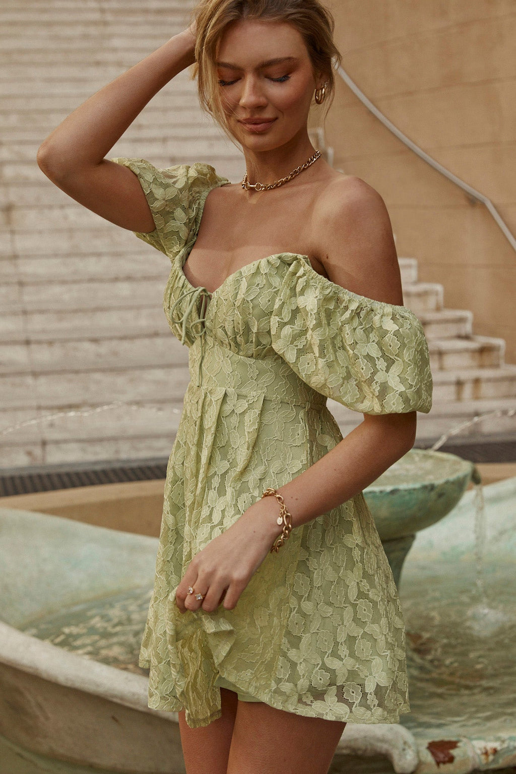 Lovers Gonna Love Puff Sleeve Lace Overlay Dress Sage by Selfie Leslie