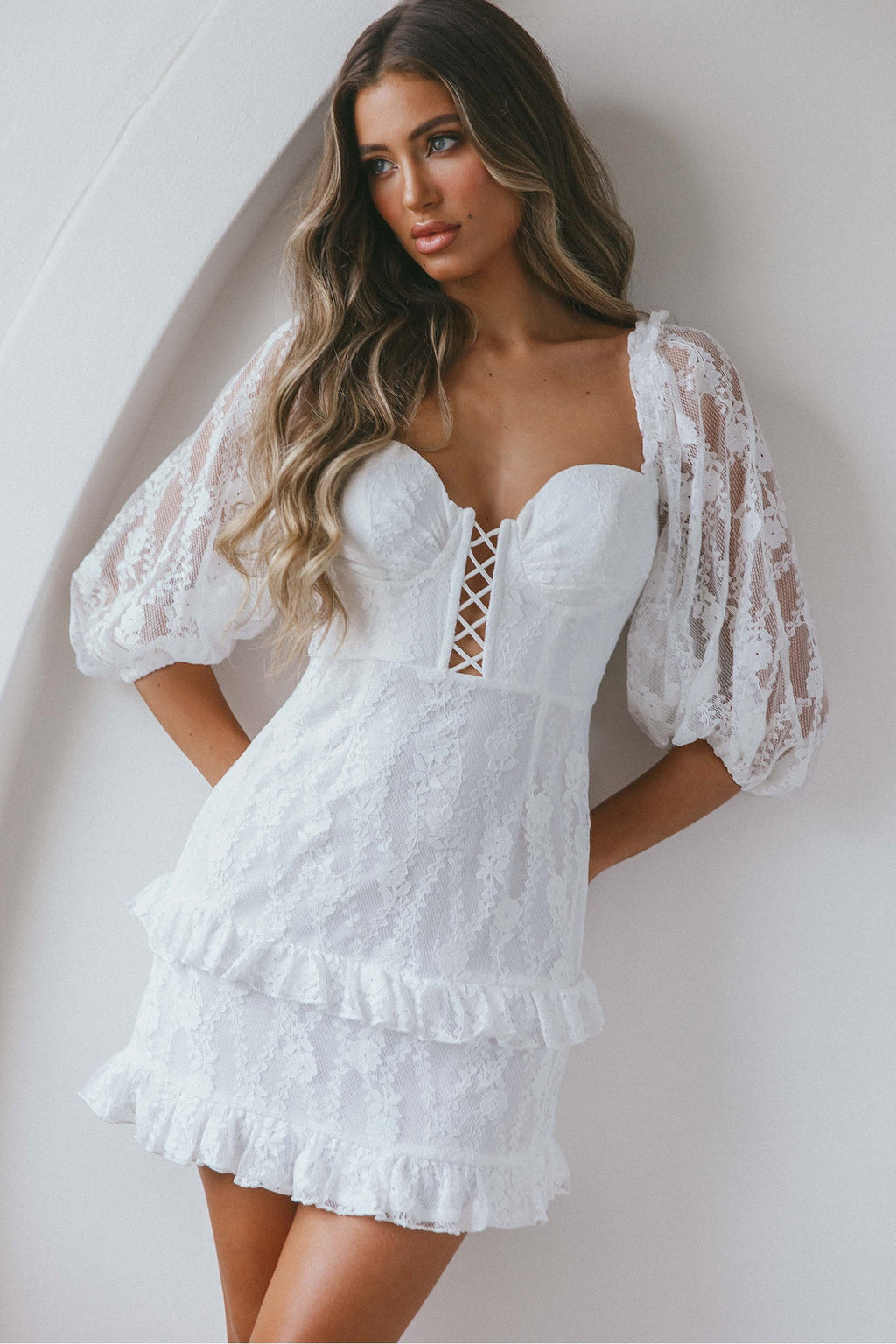 Hemingway Criss-Cross Bust Balloon Sleeve Frill Trim Lace Dress White by Selfie Leslie