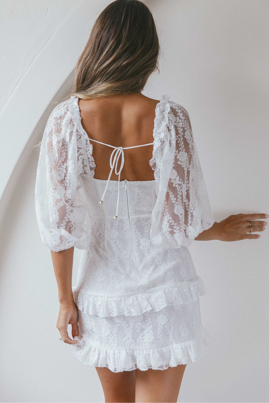 Hemingway Criss-Cross Bust Balloon Sleeve Frill Trim Lace Dress White by Selfie Leslie