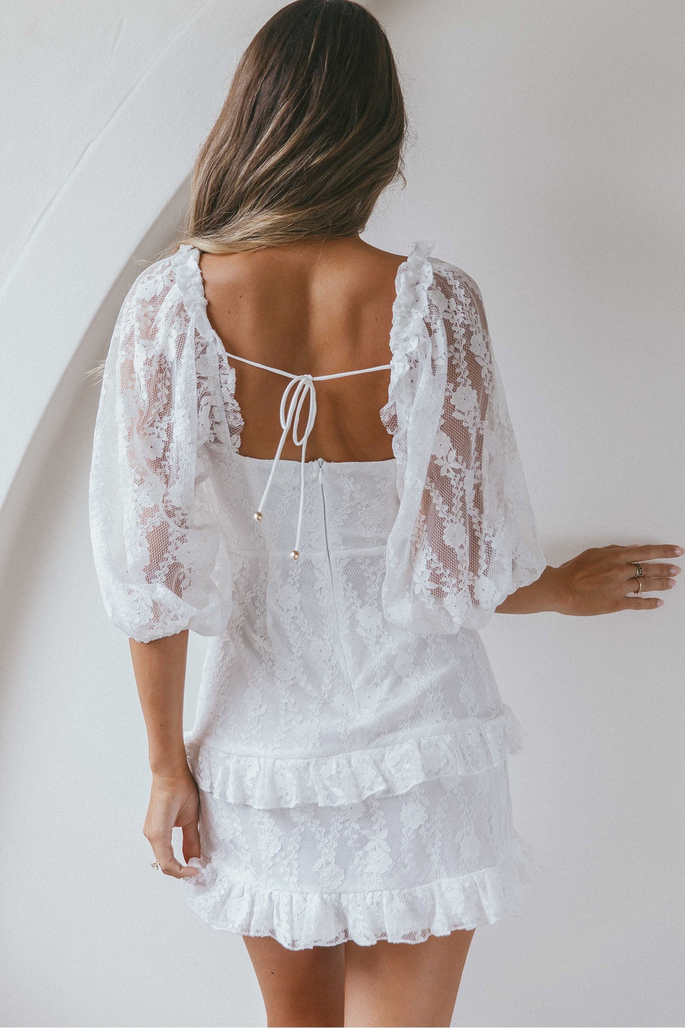 Hemingway Criss-Cross Bust Balloon Sleeve Frill Trim Lace Dress White by Selfie Leslie