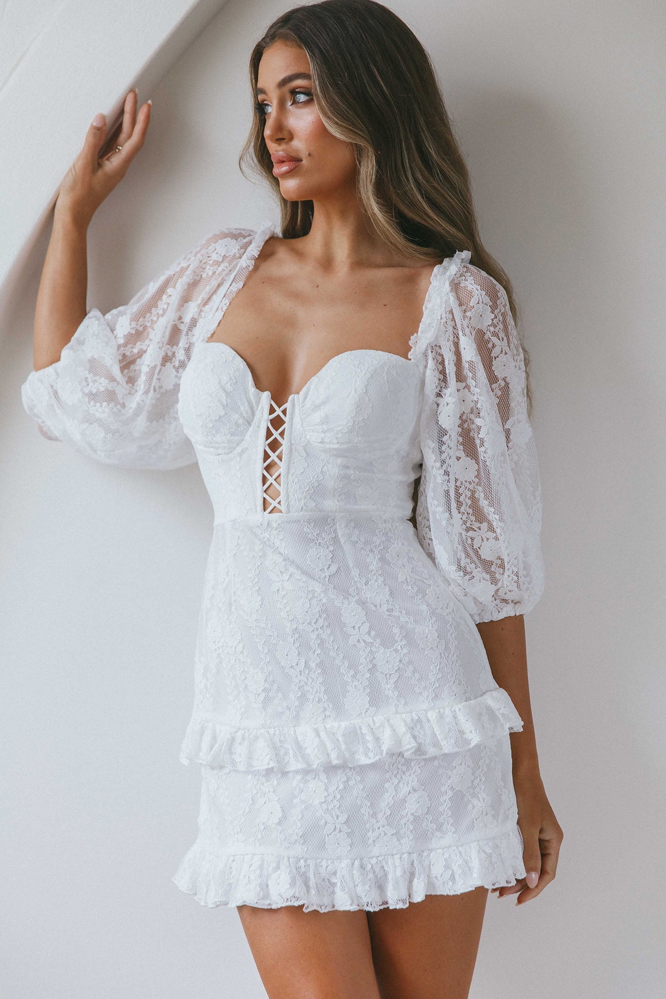 Hemingway Criss-Cross Bust Balloon Sleeve Frill Trim Lace Dress White by Selfie Leslie