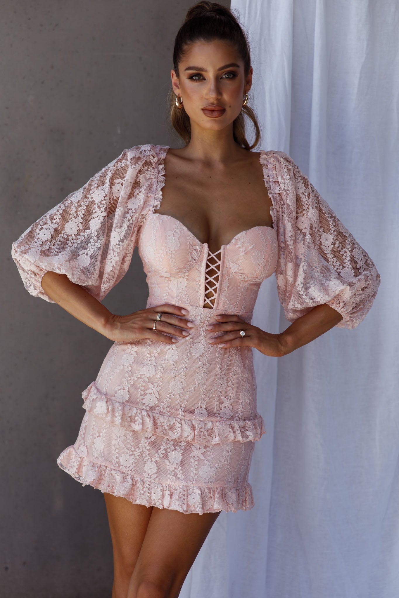 Hemingway Criss-Cross Bust Balloon Sleeve Frill Trim Lace Dress Blush by Selfie Leslie