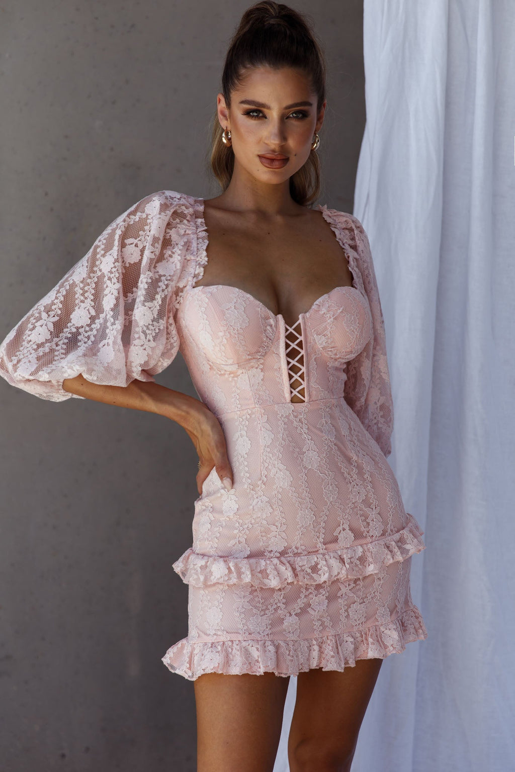 Hemingway Criss-Cross Bust Balloon Sleeve Frill Trim Lace Dress Blush by Selfie Leslie