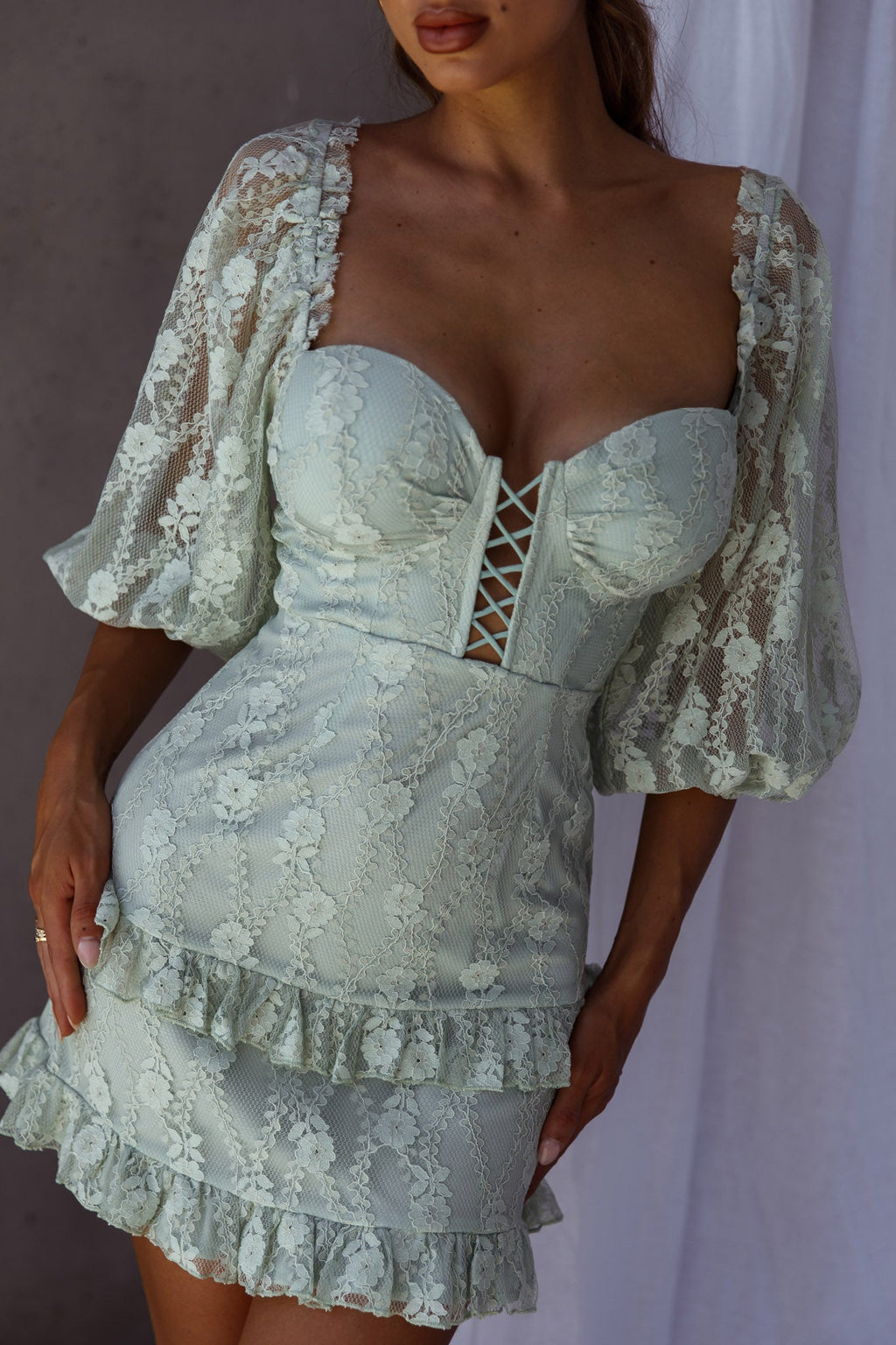 Hemingway Criss-Cross Bust Balloon Sleeve Frill Trim Lace Dress Sage by Selfie Leslie