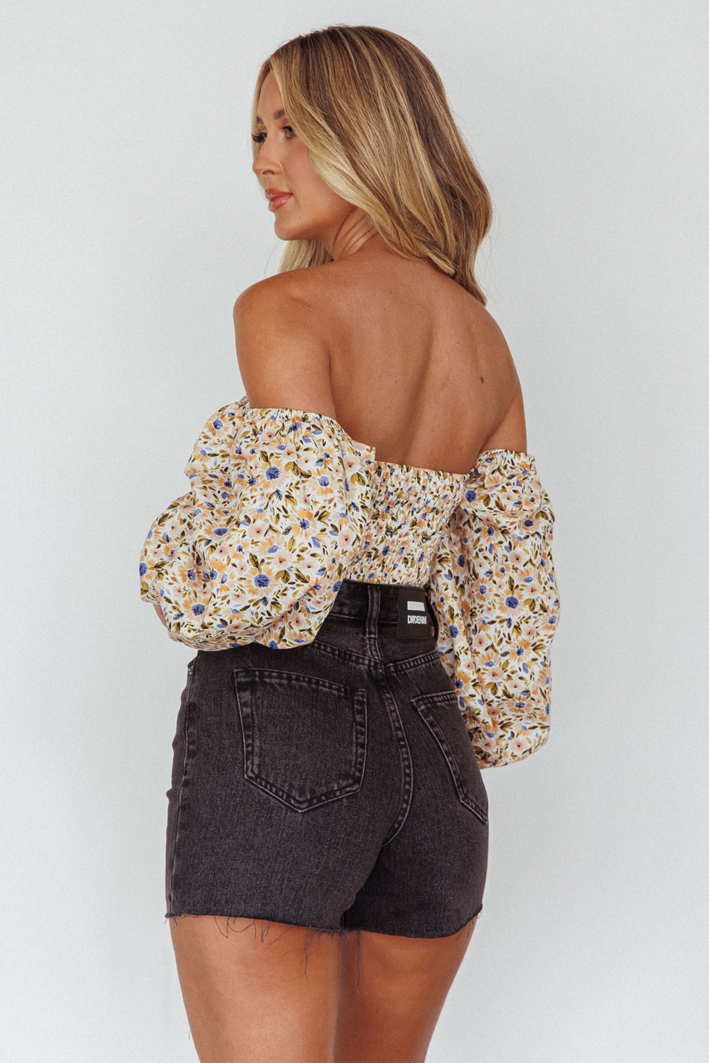 Maureen Off-Shoulder Shirred Crop Top Orange Multi by Selfie Leslie Australia