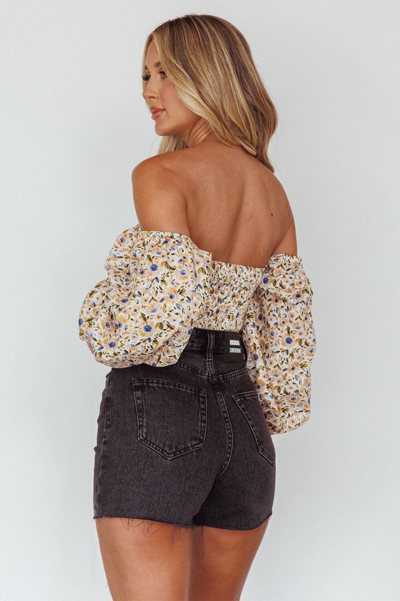 Maureen Off-Shoulder Shirred Crop Top Orange Multi by Selfie Leslie Australia