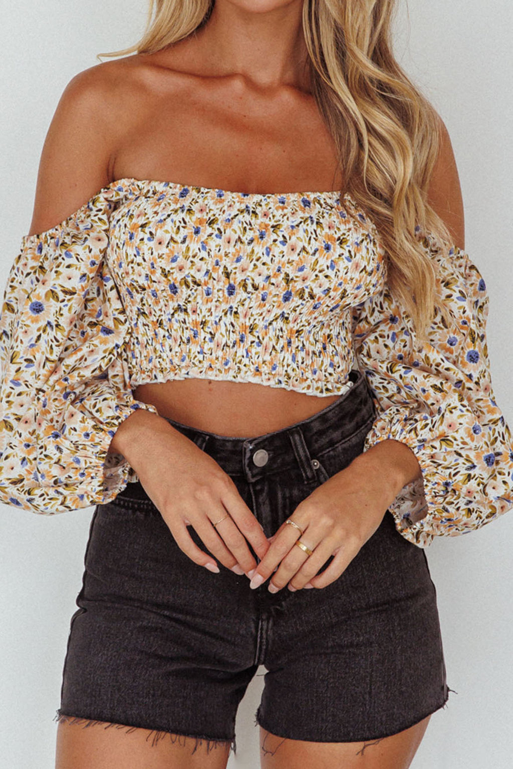 Maureen Off-Shoulder Shirred Crop Top Orange Multi by Selfie Leslie Australia