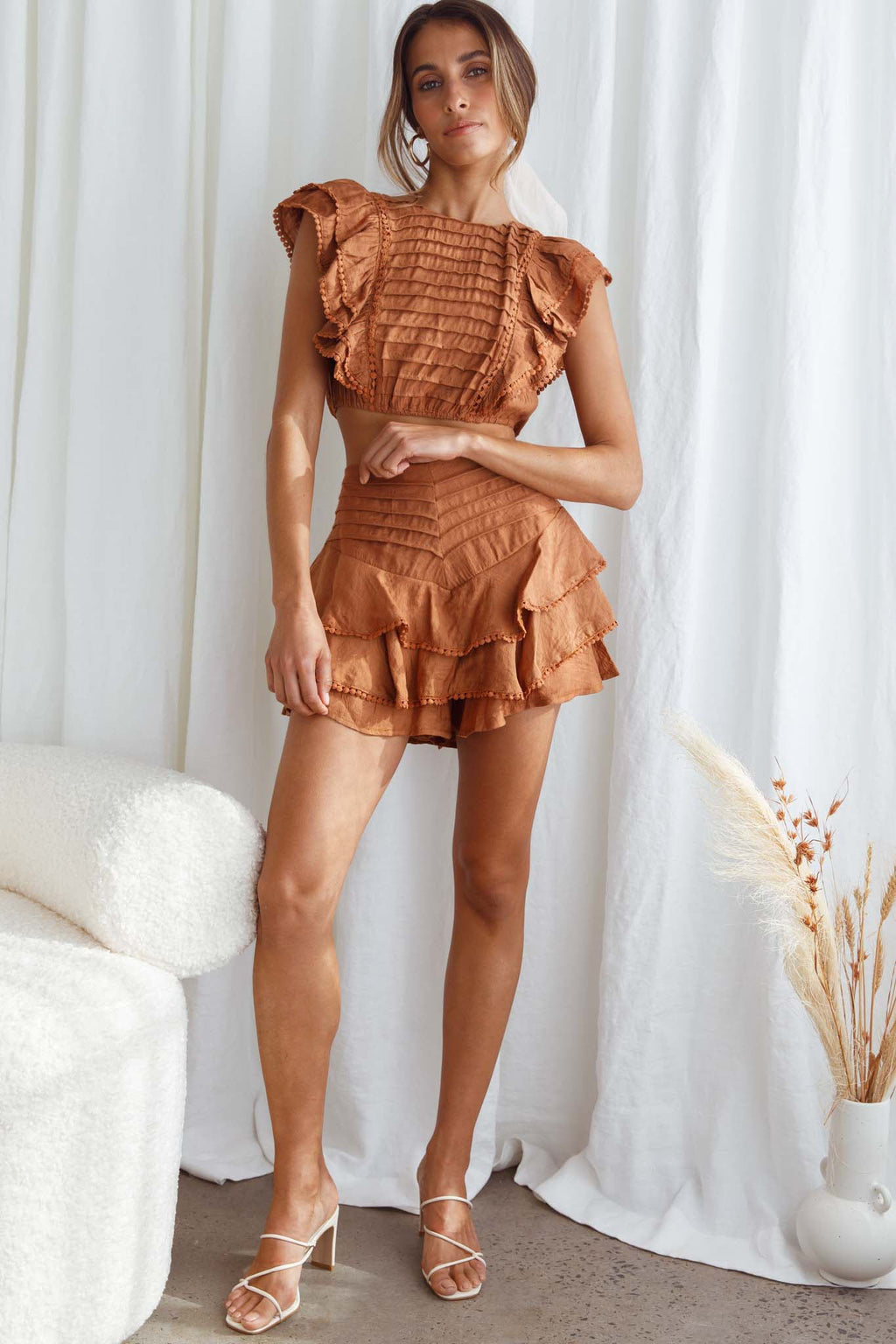 Wild And Free Pintuck Pleat And Layered Ruffle Shorts Tan by Selfie Leslie