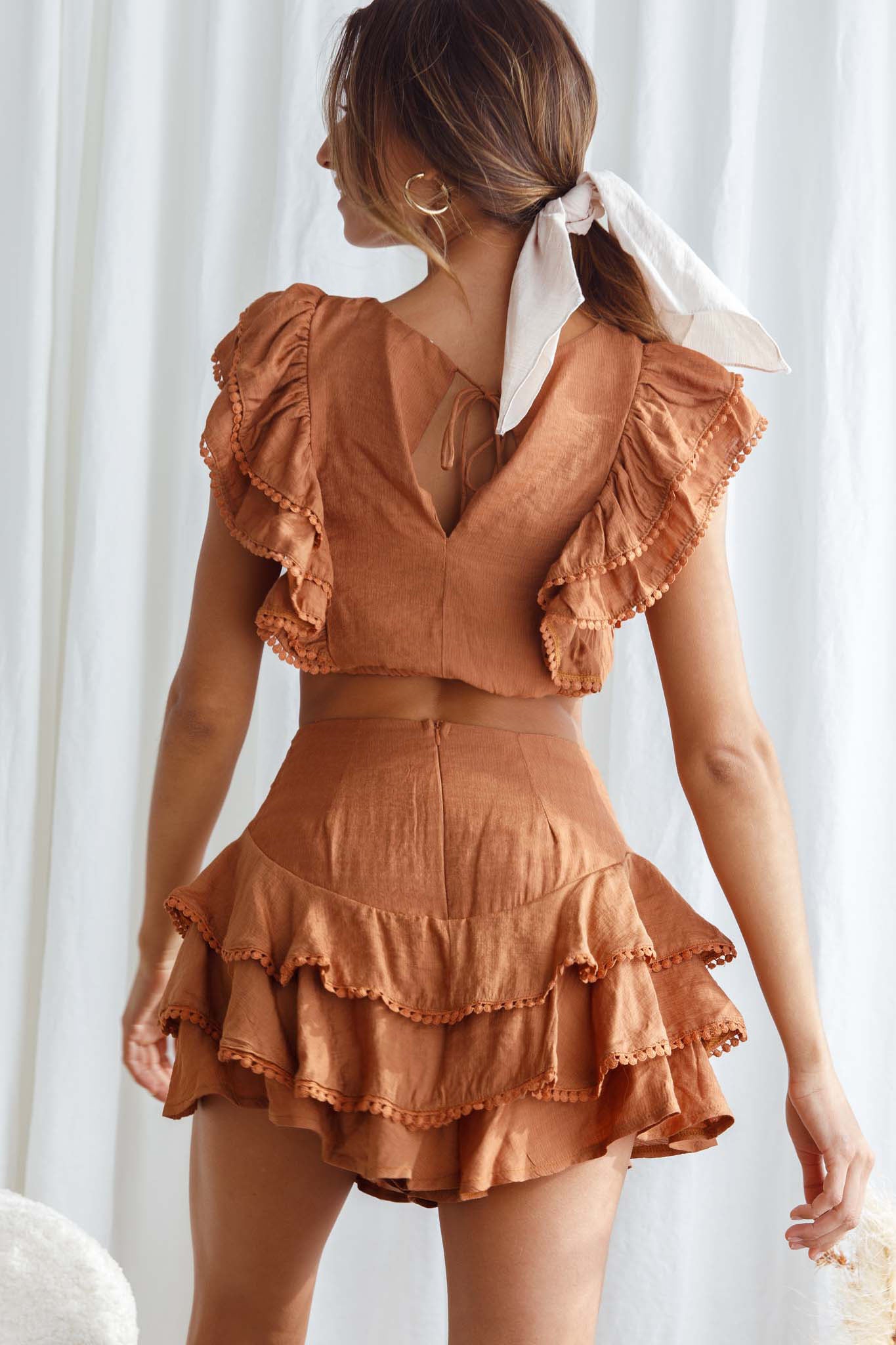 Wild And Free Pintuck Pleat And Layered Ruffle Shorts Tan by Selfie Leslie