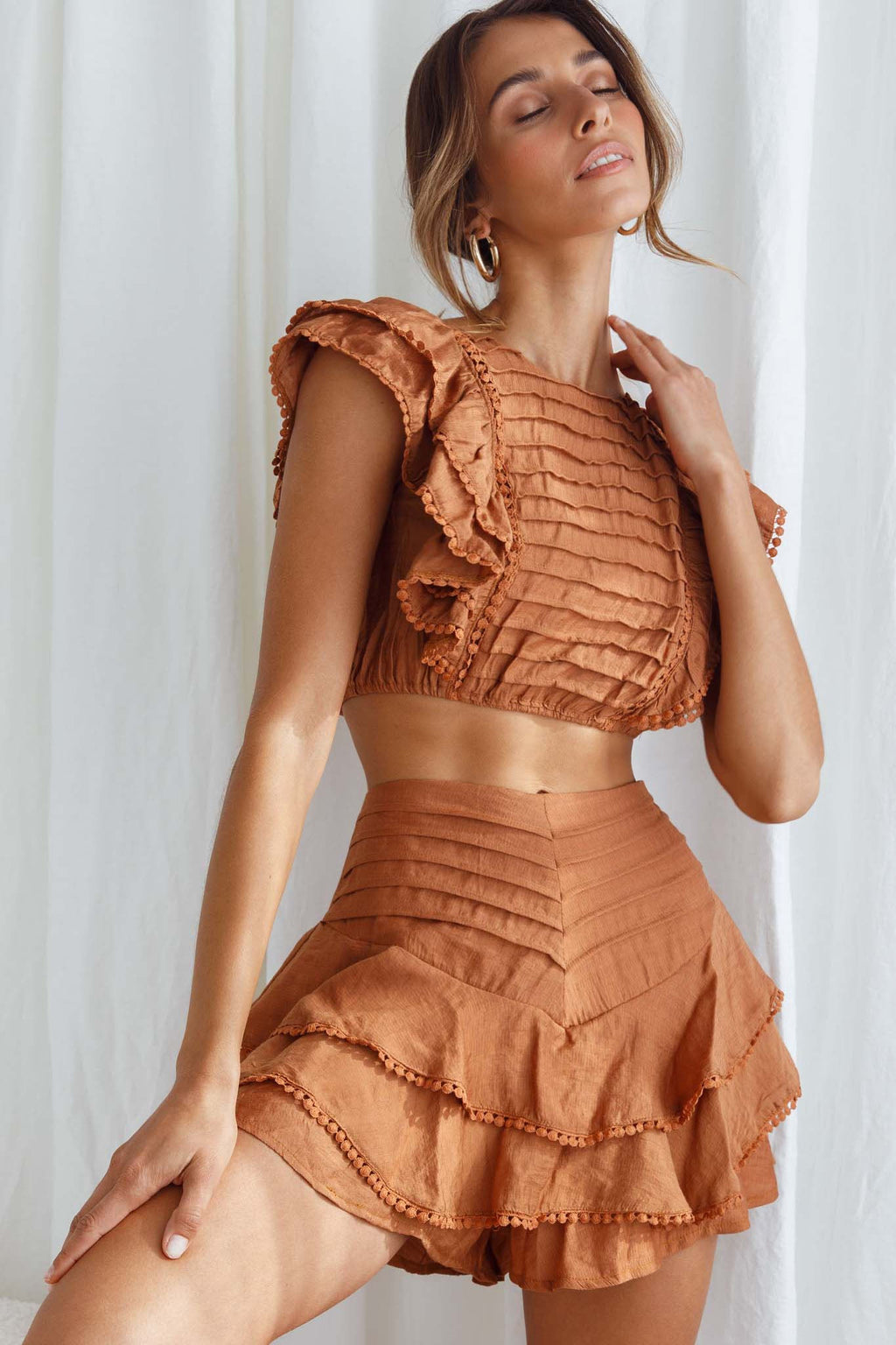 Wild And Free Pintuck Pleat And Layered Ruffle Shorts Tan by Selfie Leslie