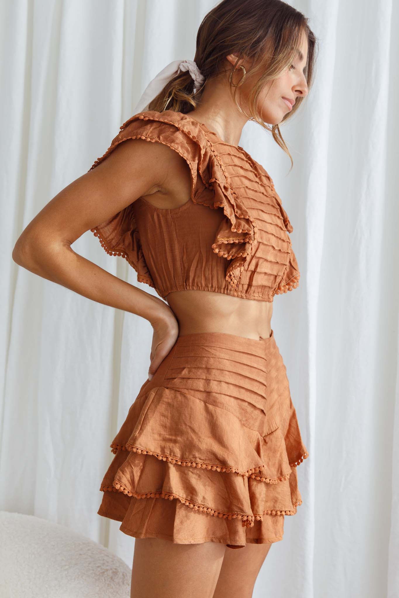 Wild And Free Pintuck Pleat And Layered Ruffle Shorts Tan by Selfie Leslie