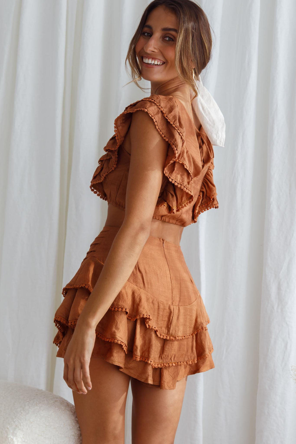Wild And Free Pintuck Pleat And Layered Ruffle Shorts Tan by Selfie Leslie