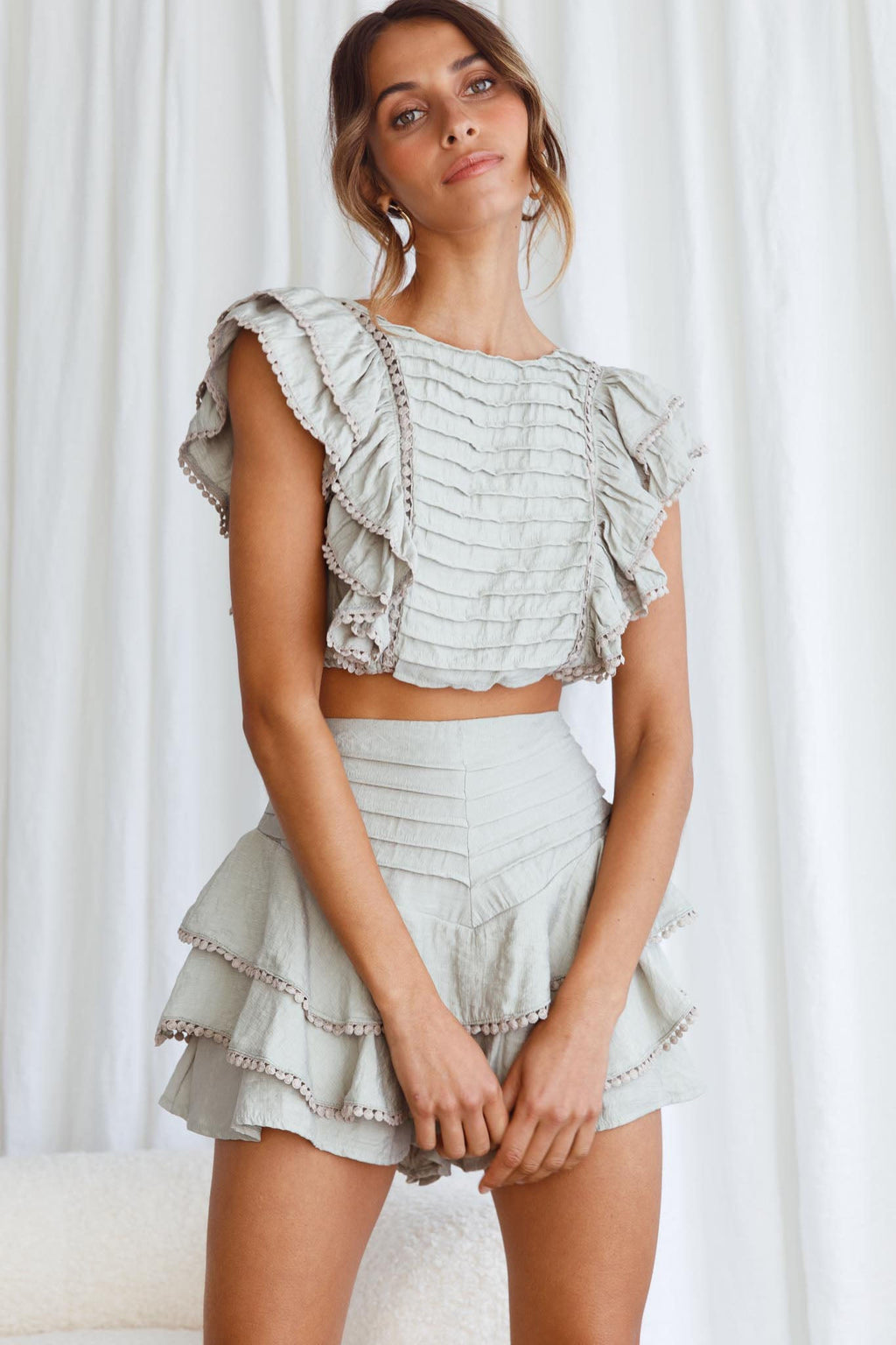 Wild And Free Pintuck Pleat And Ruffle Crop Top Pistachio by Selfie Leslie