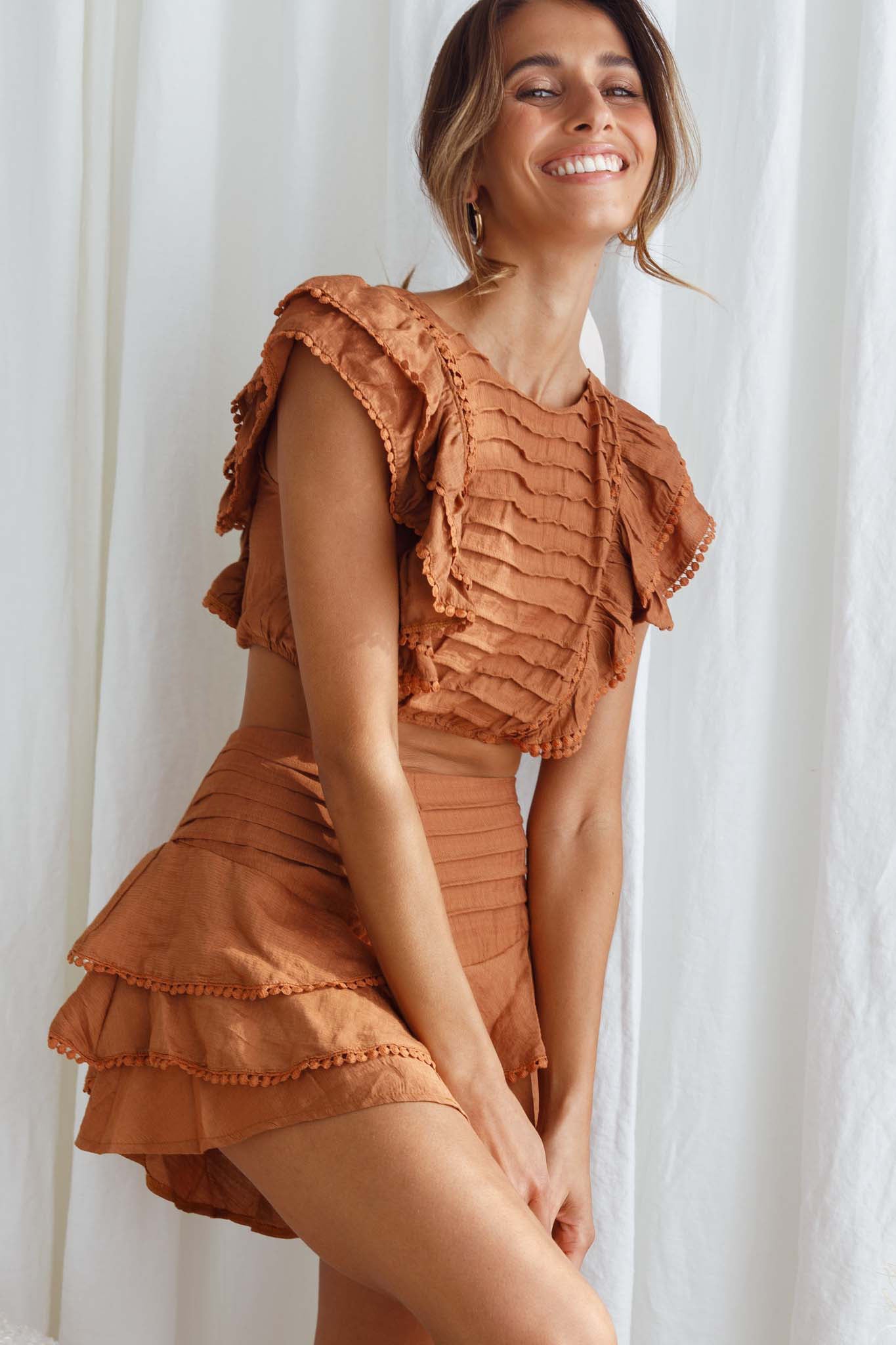Wild And Free Pintuck Pleat And Ruffle Crop Top Tan by Selfie Leslie