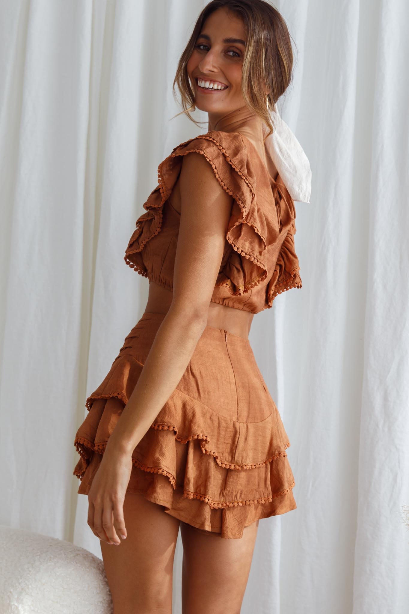 Wild And Free Pintuck Pleat And Ruffle Crop Top Tan by Selfie Leslie