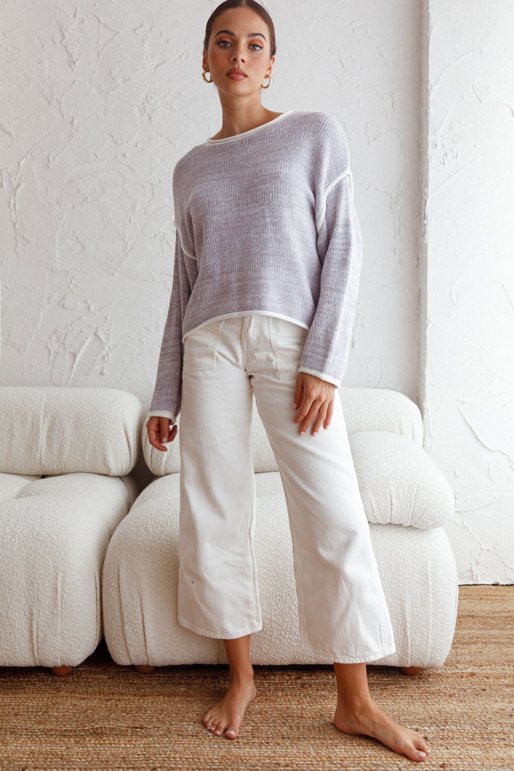 Sitting Pretty Drop Sleeve White Trim Knit Sweater Blue by Selfie Leslie