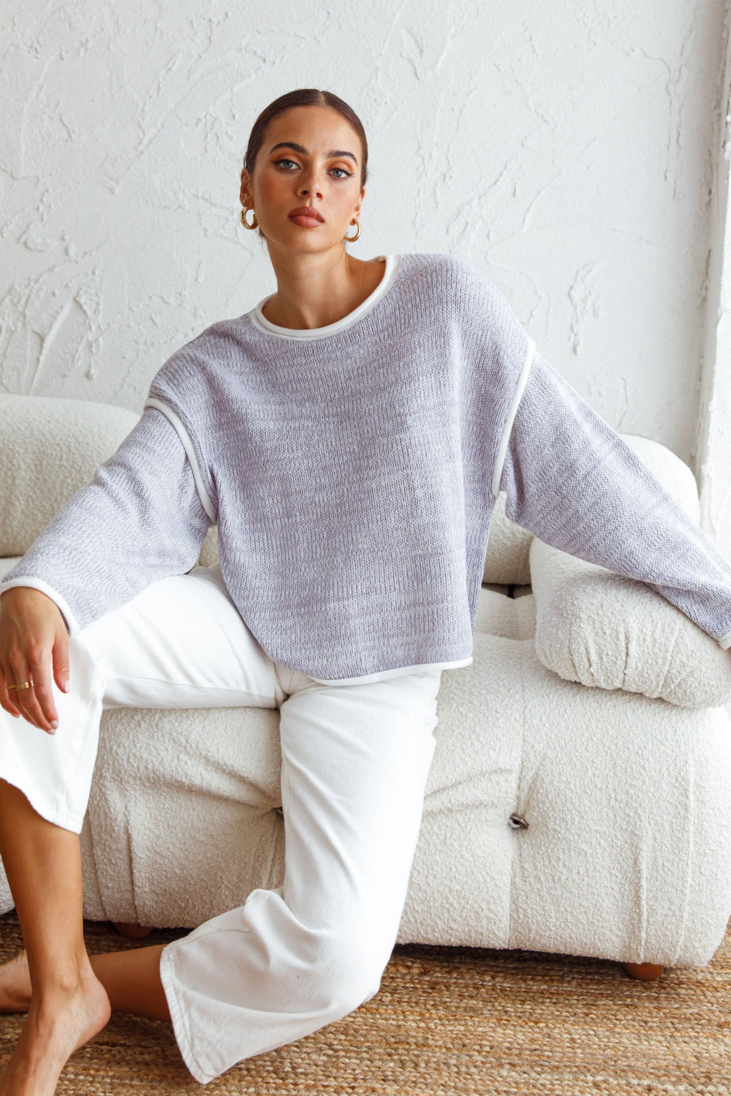 Sitting Pretty Drop Sleeve White Trim Knit Sweater Blue by Selfie Leslie