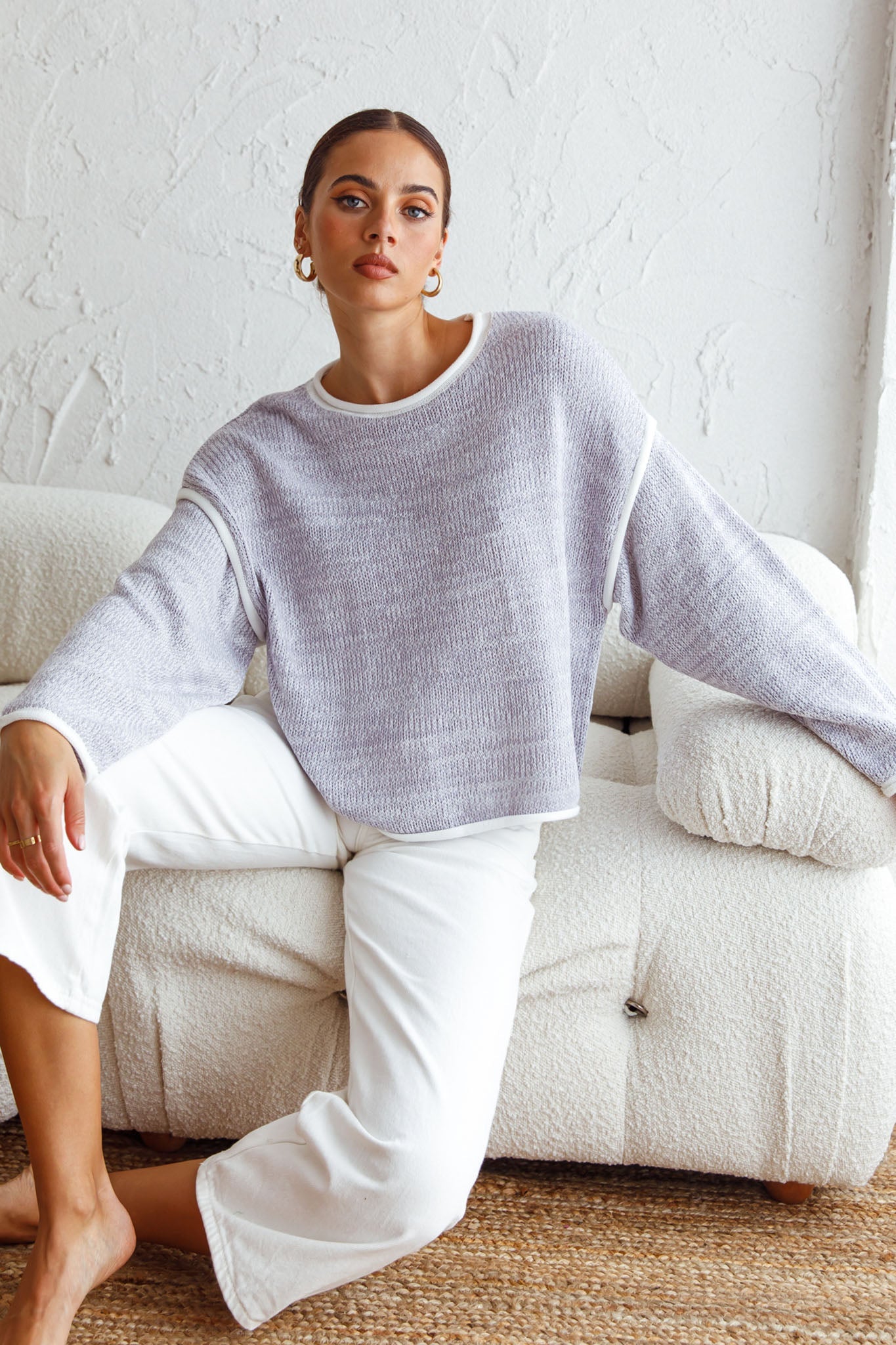 Sitting Pretty Drop Sleeve White Trim Knit Sweater Blue by Selfie Leslie
