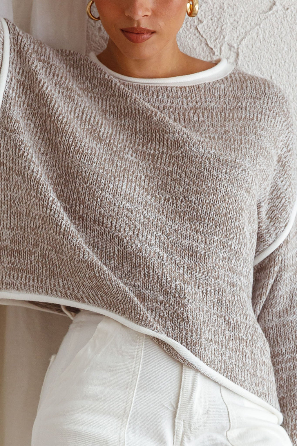 Sitting Pretty Drop Sleeve White Trim Knit Sweater Grey by Selfie Leslie