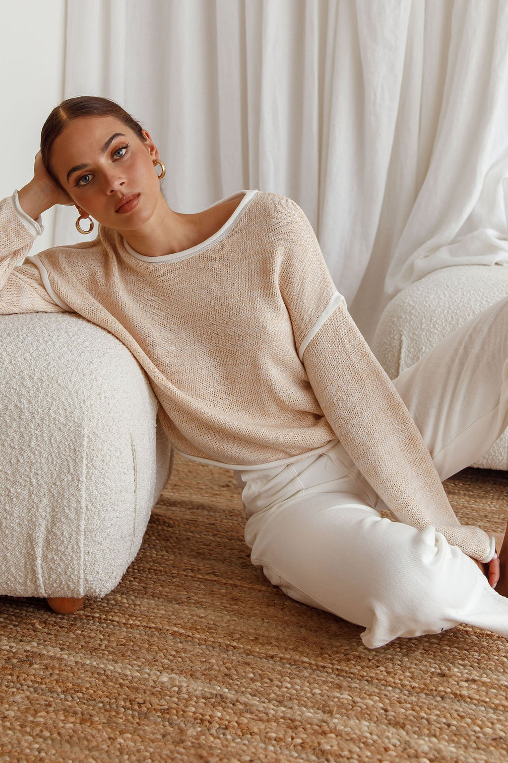Sitting Pretty Drop Sleeve White Trim Knit Sweater Stone by Selfie Leslie