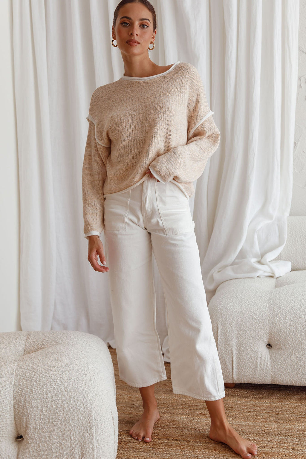 Sitting Pretty Drop Sleeve White Trim Knit Sweater Stone by Selfie Leslie