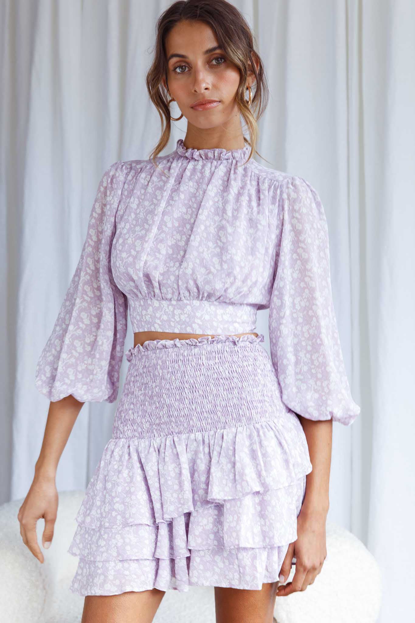 Whisked Away Shirred Waist Layered Mini Skirt Floral Print Lilac by Selfie Leslie