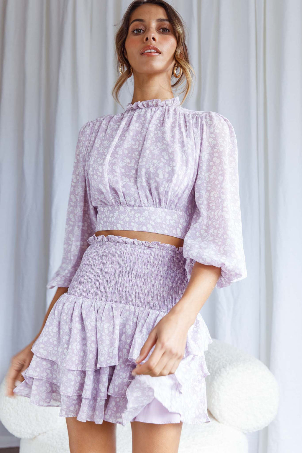 Whisked Away Shirred Waist Layered Mini Skirt Floral Print Lilac by Selfie Leslie