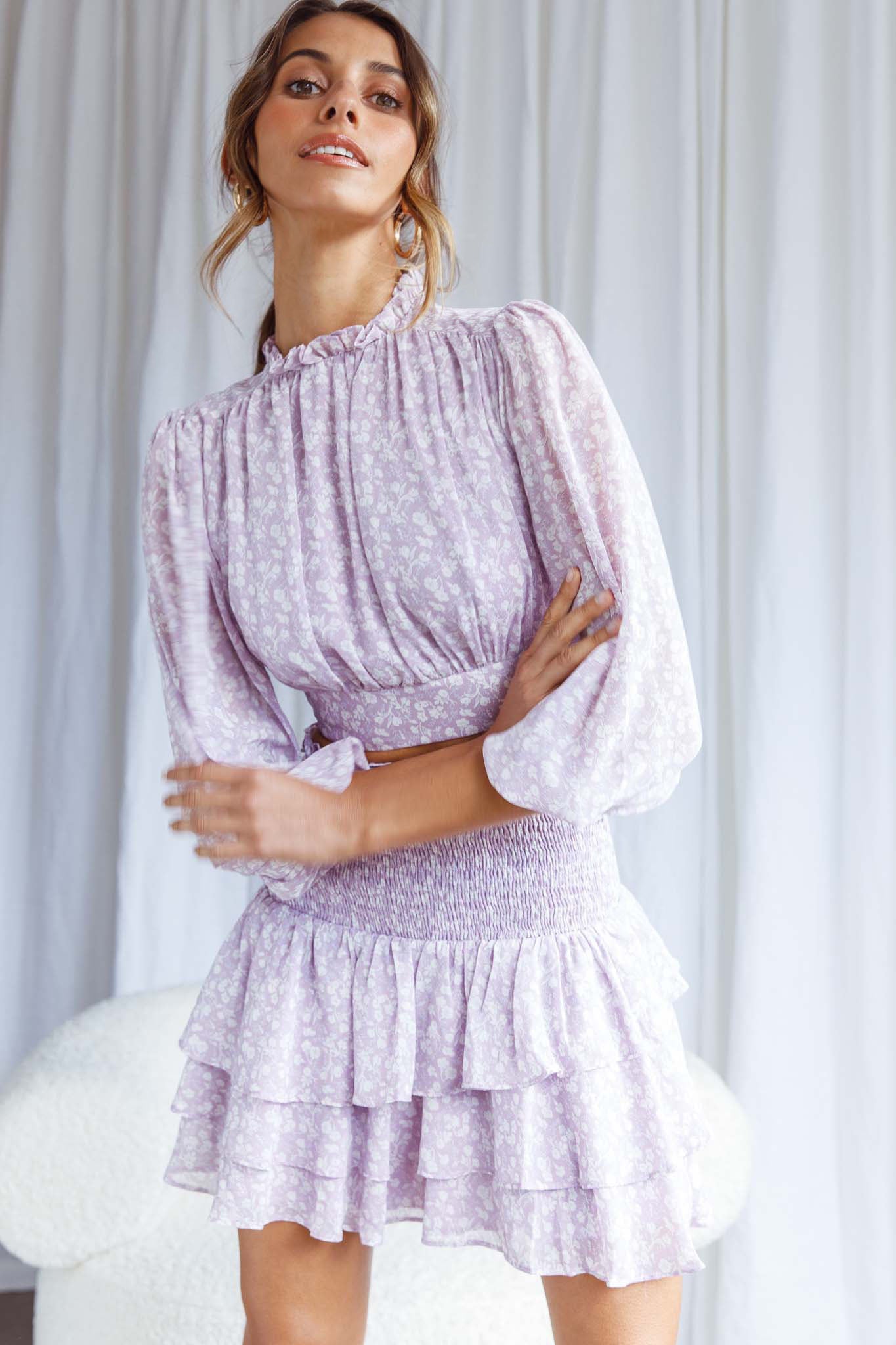 Whisked Away Shirred Waist Layered Mini Skirt Floral Print Lilac by Selfie Leslie